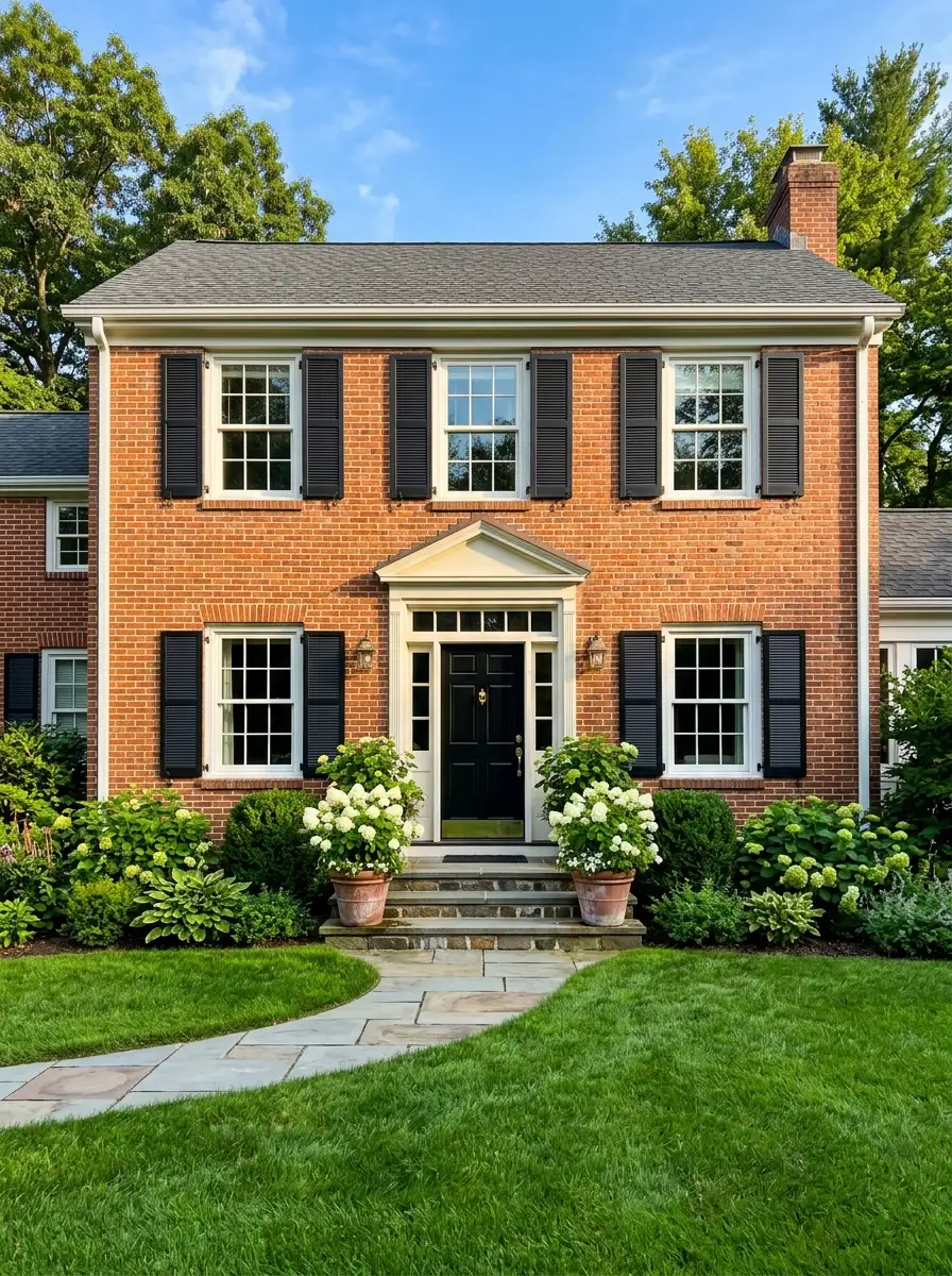 Red brick house exterior with crisp white trim, glossy black front door, and black shutters for bold curb appeal contrast