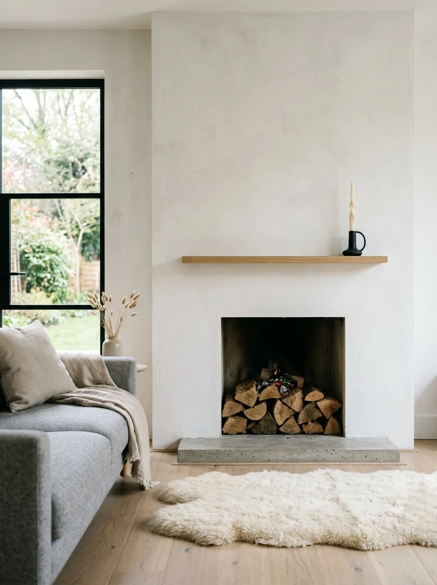 20 Fireplace Design Ideas Built Around the Three Pillars of Color, Space, and Flame 3 Minimalist fireplace design ideas using limewash white plaster surround, oak mantel shelf, and sheepskin rug in a bright neutral living room