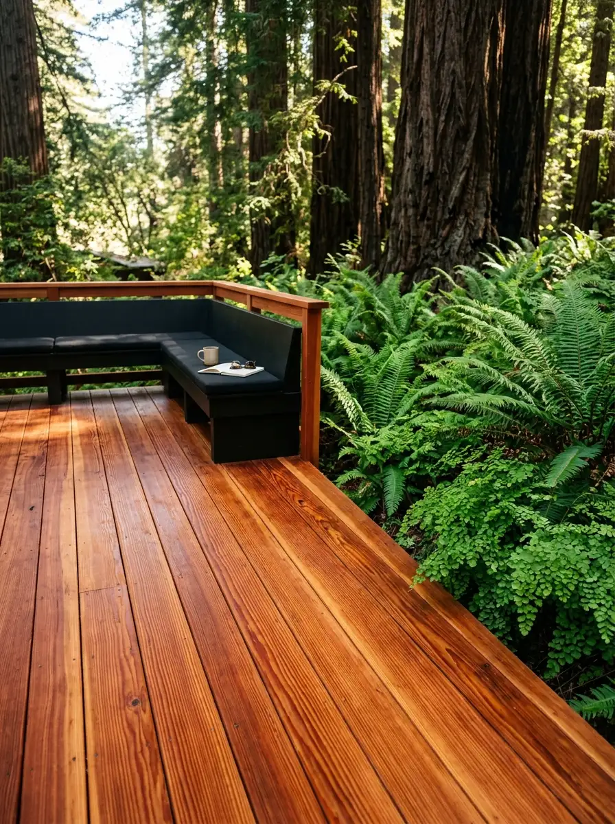 Redwood deck with clear oil finish revealing natural rust and cinnamon tones for timeless wood deck stain ideas