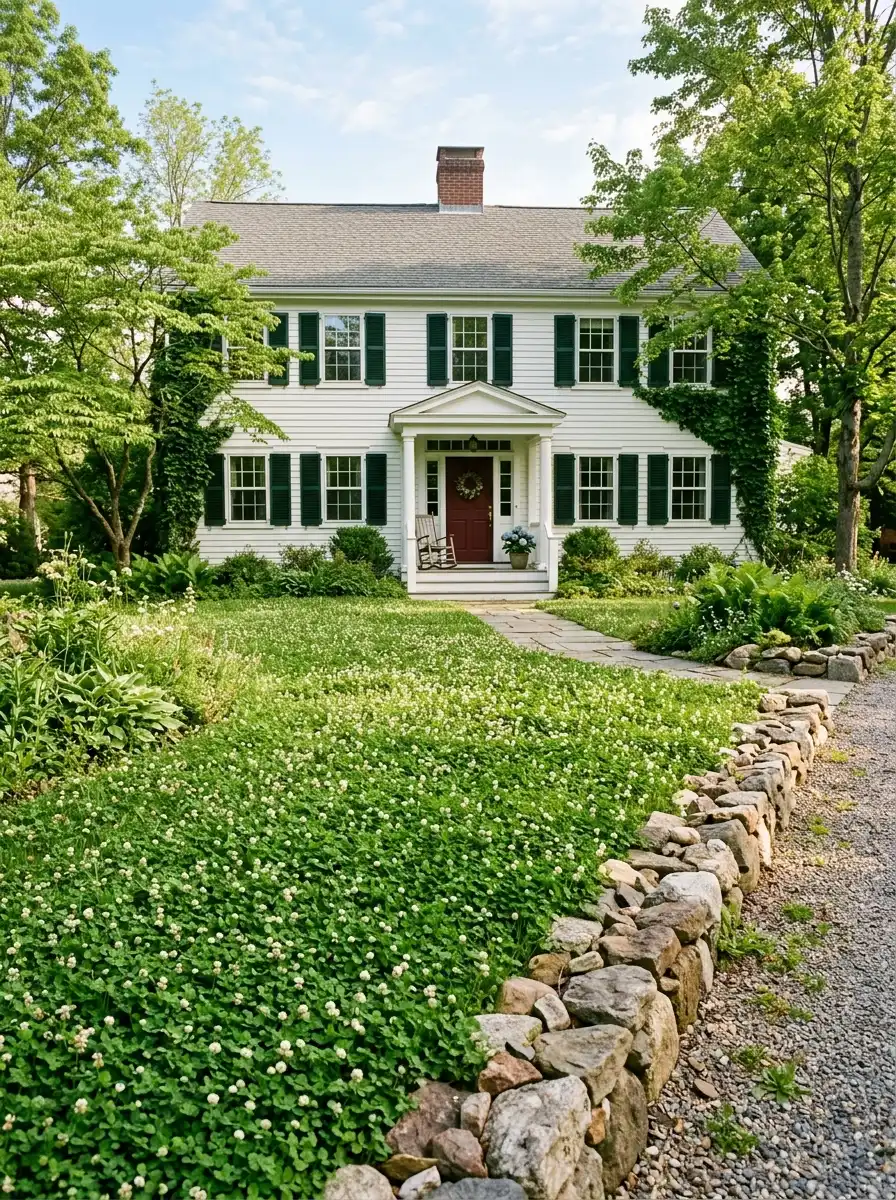 Lush clover lawn with tiny white blooms and stone edging as a beautiful no grass front yard alternative