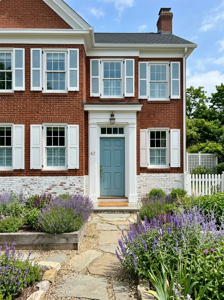 Red brick home with whitewashed brick sections, coastal blue front door, white shutters, and lavender plantings for a bright airy curb appeal