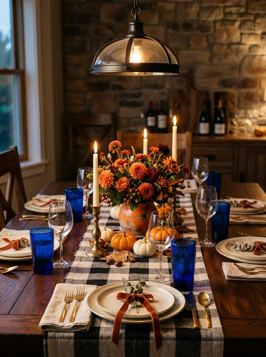 The 16 Small Decisions That Make Fall Table Décor Actually Worth Noticing 8 Cobalt blue water glasses add drama to a fall tablescape styled with ivory candles, buffalo check runner, and rust dahlias