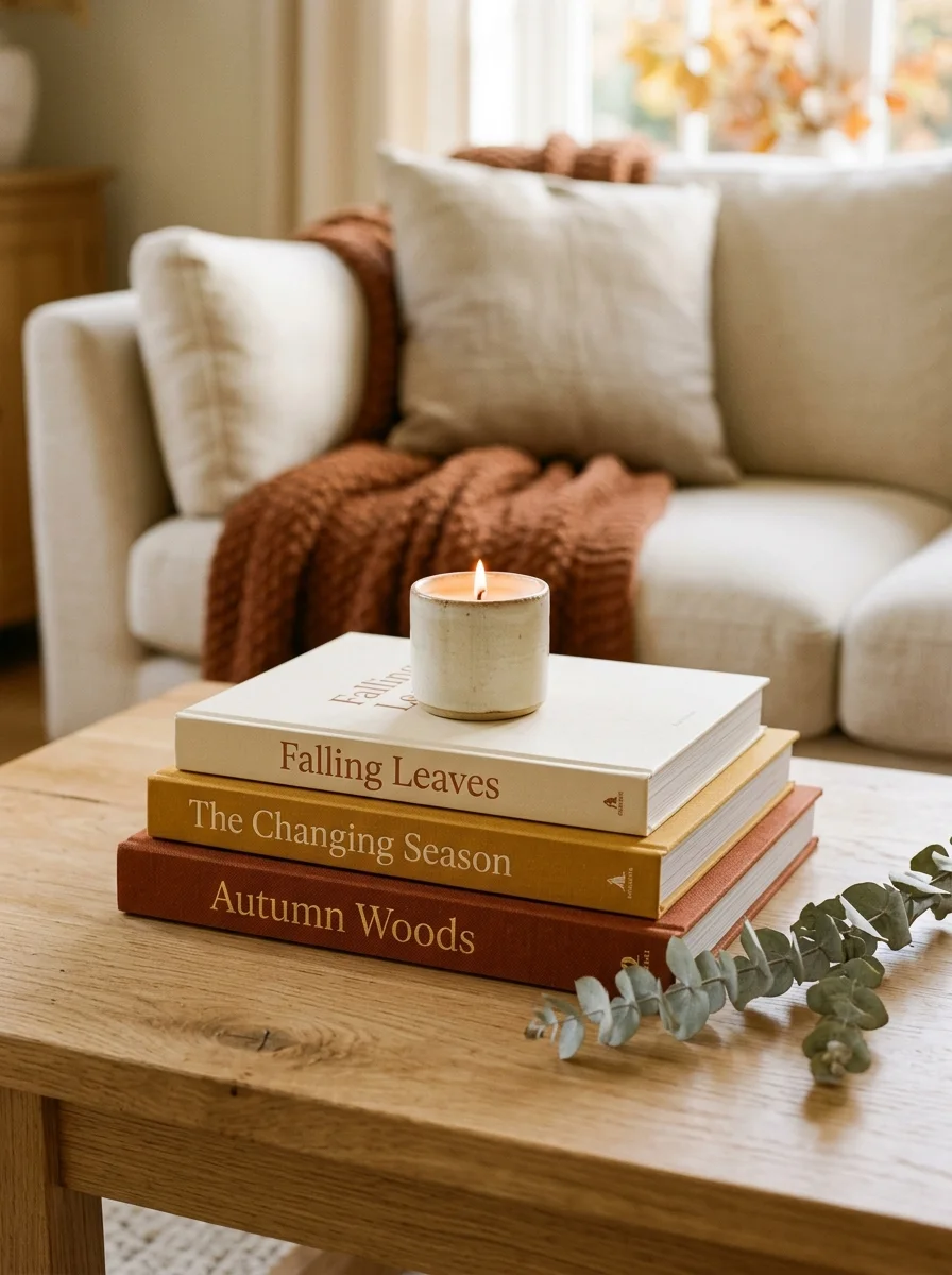 Stack of warm-toned hardcover books with a ceramic candle on a light oak coffee table for a curated fall living room decor detail