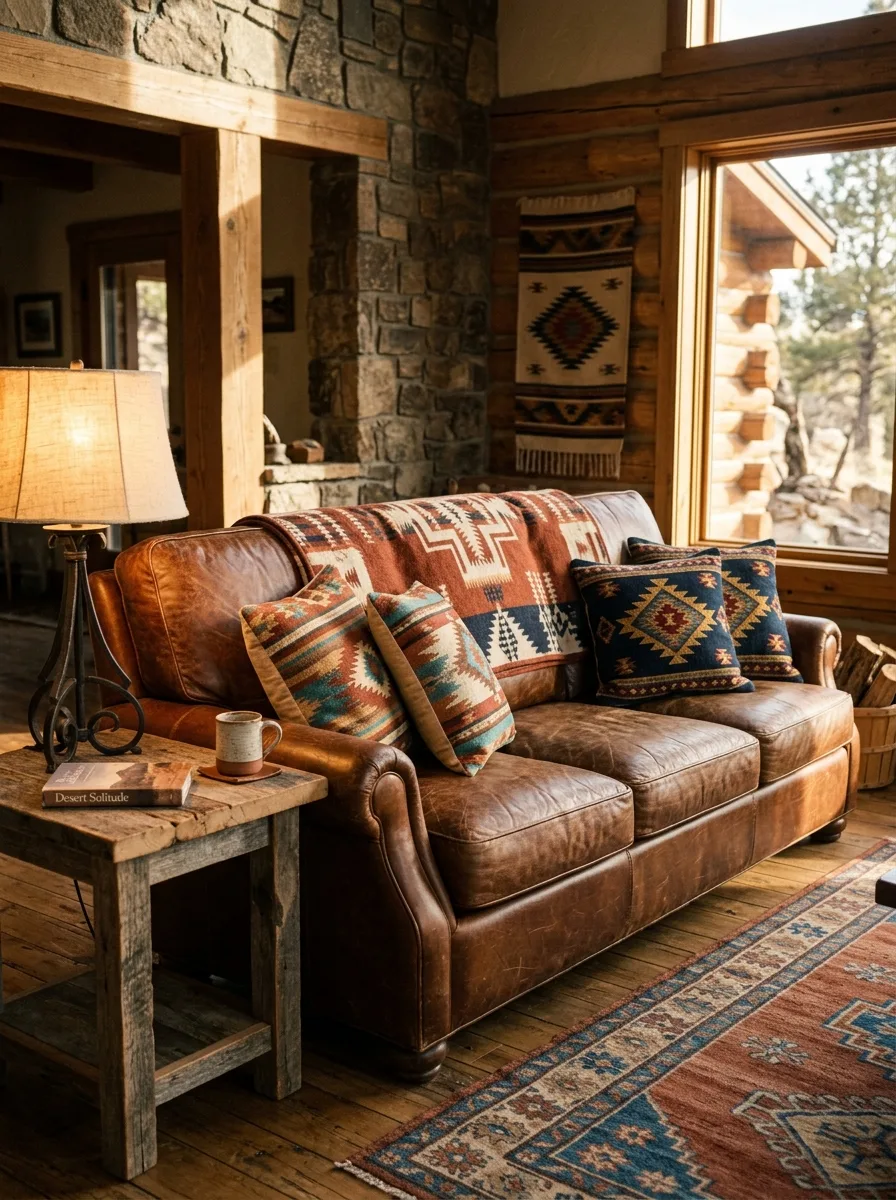 Western living room ideas with cognac leather sofa layered with Pendleton geometric throw and southwestern print cushions in warm afternoon light