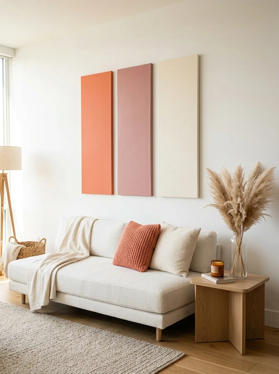 Three tall narrow color blocked canvases in coral, dusty rose, and ivory as bold wall art for living room above a white platform sofa