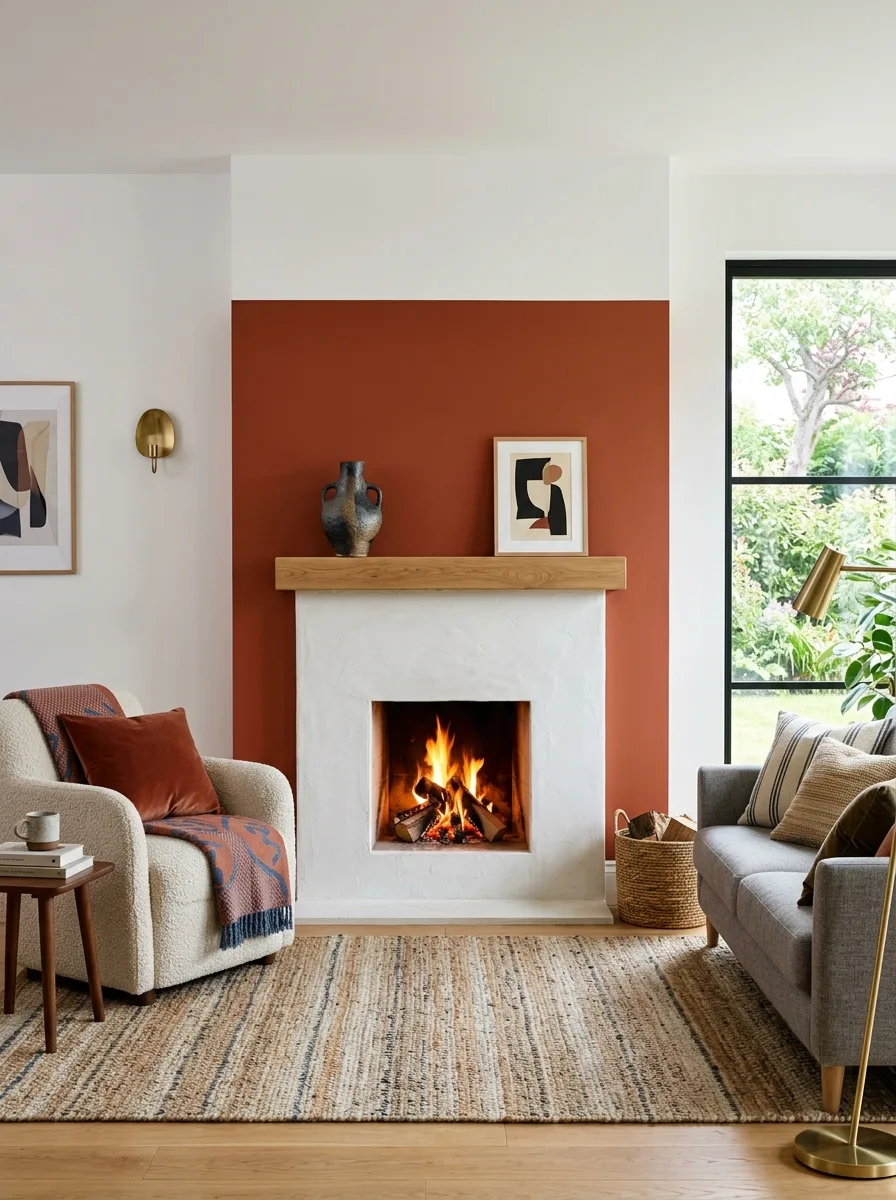 20 Fireplace Design Ideas Built Around the Three Pillars of Color, Space, and Flame 15 Fireplace design ideas using color-blocked terracotta wall to frame a white plaster surround and warm flame in an eclectic modern living room