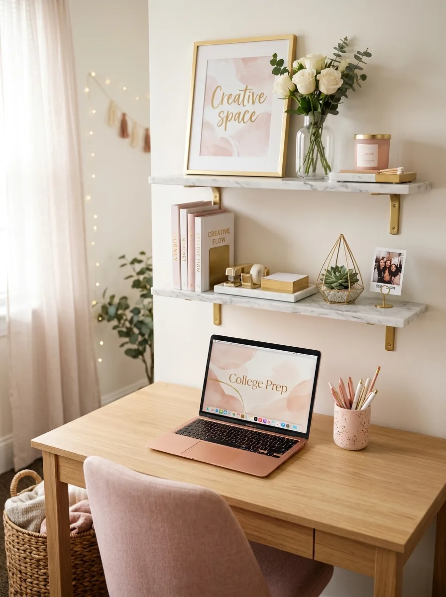 17 Small Dorm Desk Setups That Actually Feel Like a Real Dream Room 3 A coordinated dorm desk setup in blush, gold, and white with shelves holding marble accessories and a rose gold laptop