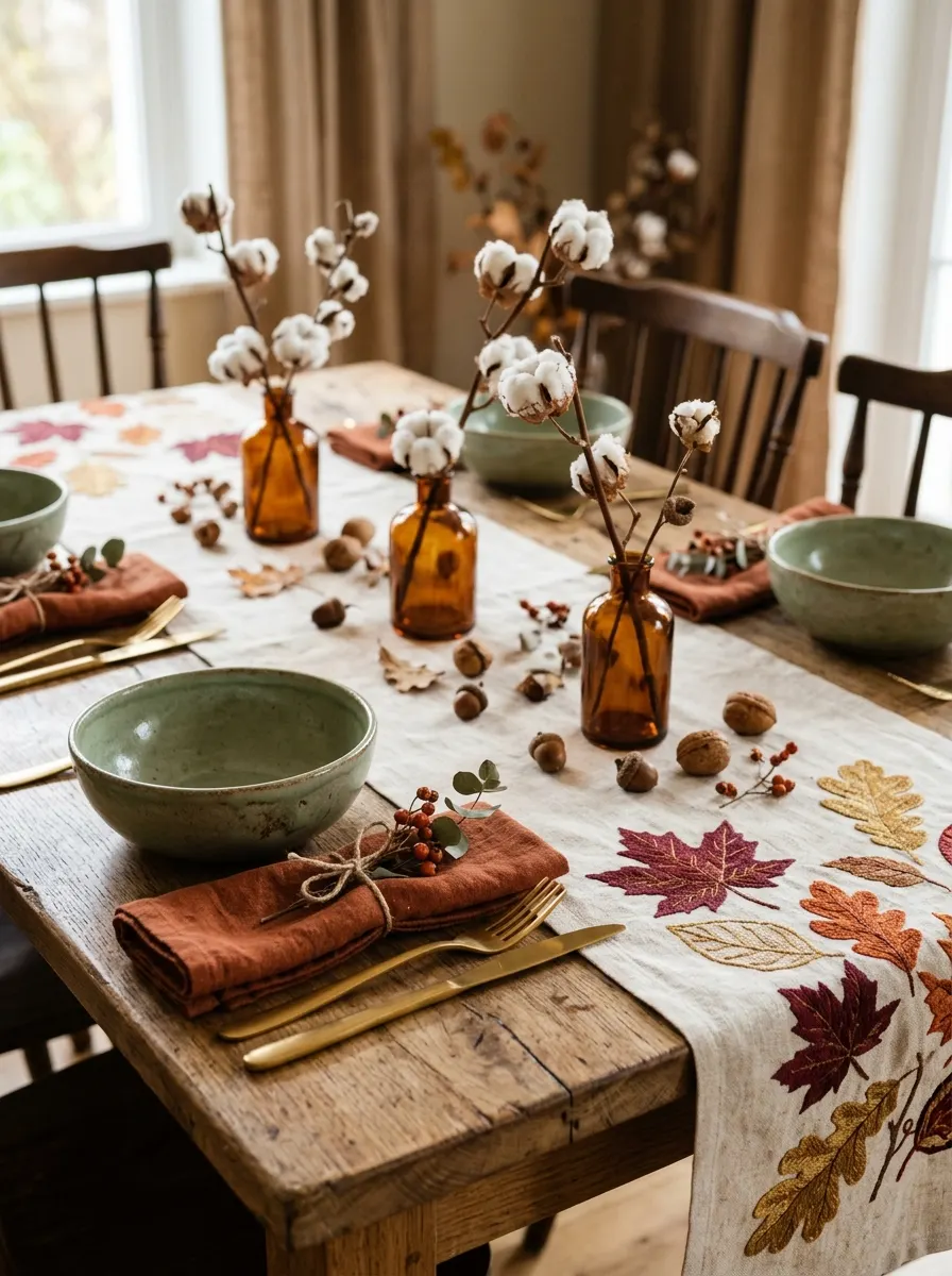 Why Fall Décor Hits Different: 17 Principles You Never Knew You Needed 8 Autumn dining table with embroidered linen runner and sage ceramic bowls using color echo principle in fall décor table design