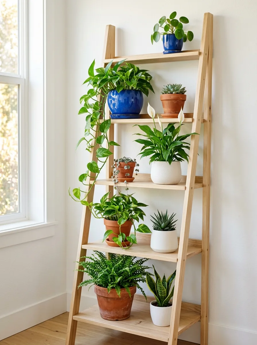 The 20 Houseplant Corners We Keep Coming Back to for Real Inspiration 10 Bright houseplant corner with ladder shelf, bold cobalt blue and terracotta planters, pothos, peace lily, and succulents in white room