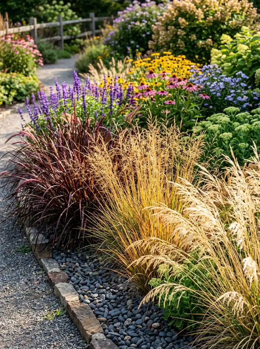 23 Stunning Ways Ornamental Grasses Can Transform Your Landscape With Texture, Movement, Privacy, and Year-Round Style 14 Garden border with ornamental grasses in a progression from burgundy to warm gold and blonde with dark river rock mulch in afternoon sun