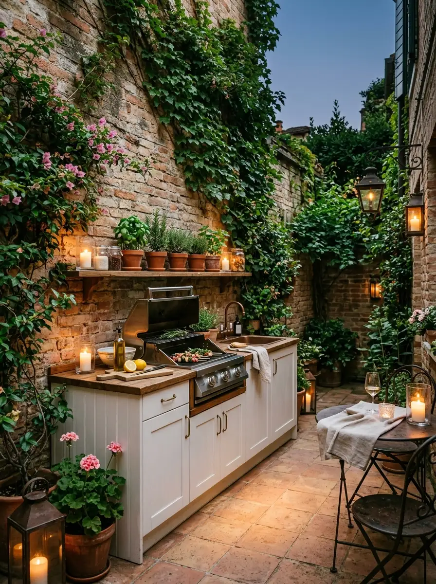 Compact outdoor kitchen in small walled courtyard with white cabinetry, mini grill, herb shelf, terracotta tiles, ivy-covered brick walls in candlelight