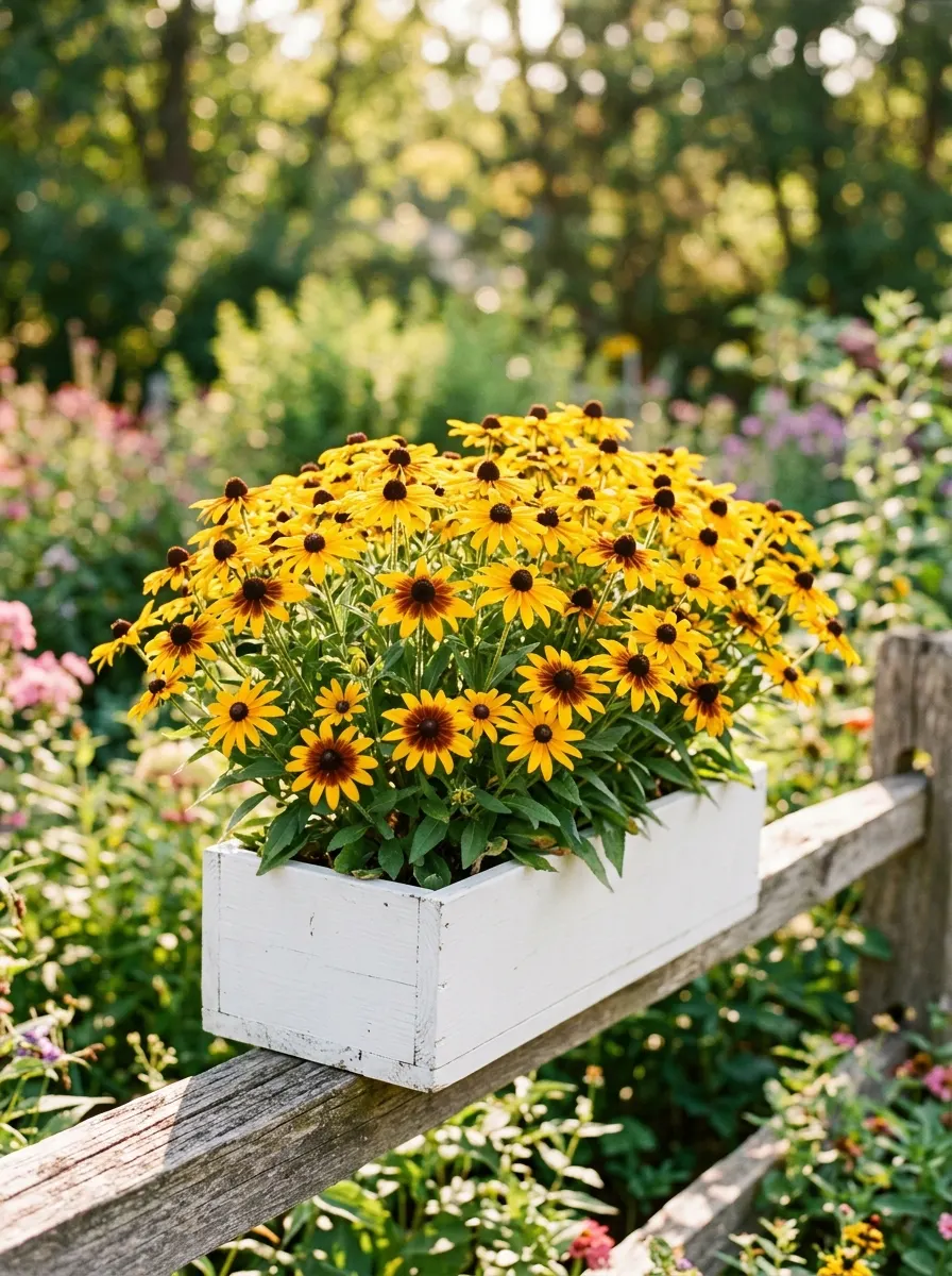 17 Full Sun Perennials for Low-Maintenance Container Gardens That Thrive With Minimal Care 13 Compact golden rudbeckia flowers with brown centers blooming densely in a white rectangular planter box on a sunny wooden fence rail