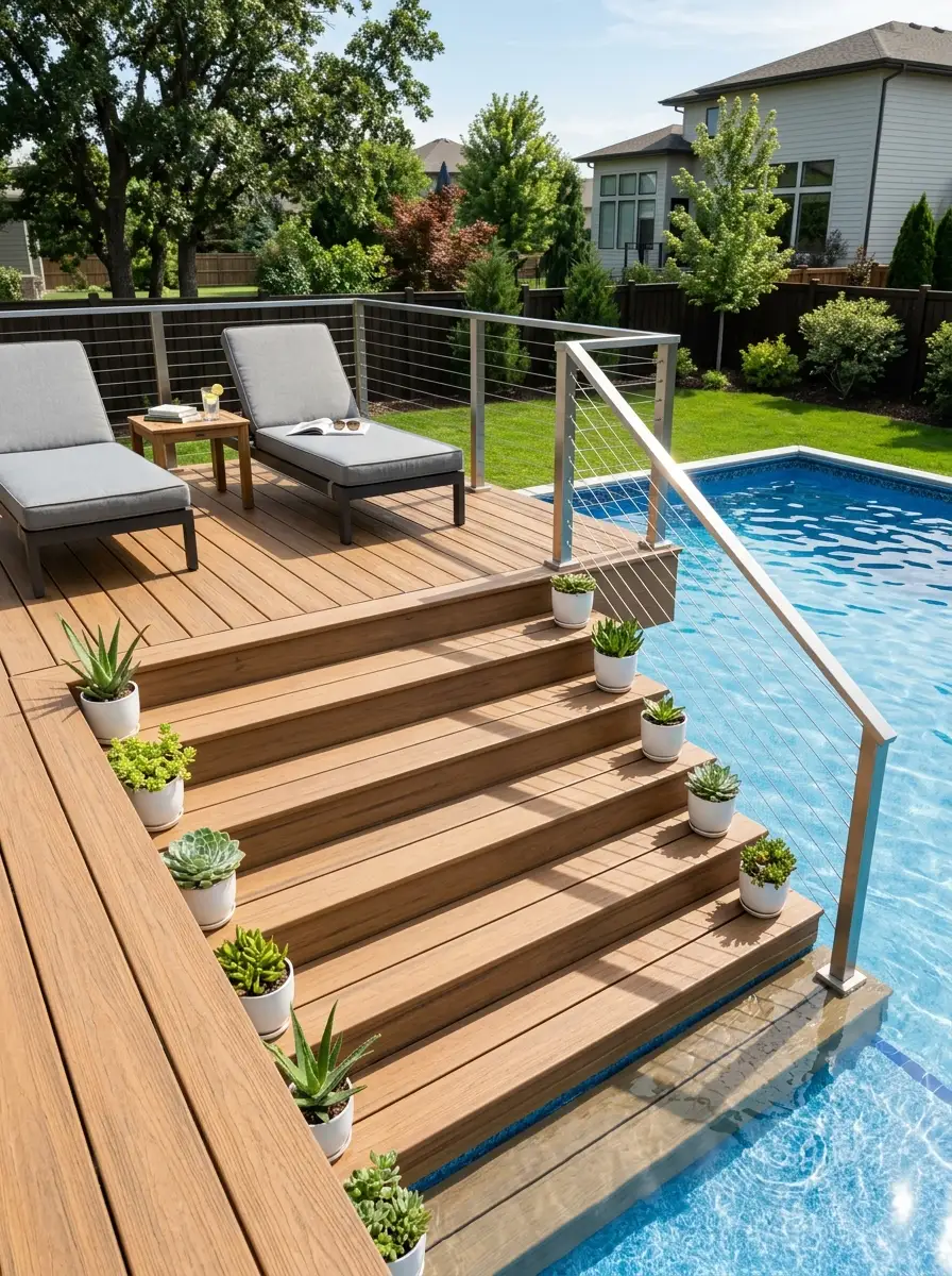 21 Amazing Above Ground Pool Deck Ideas That Go Beyond the Basic Deck With Style, Comfort, and Function 8 Brown composite above ground pool deck with wide integrated steps, cable railing, gray chairs, and white potted succulents in a sunny backyard