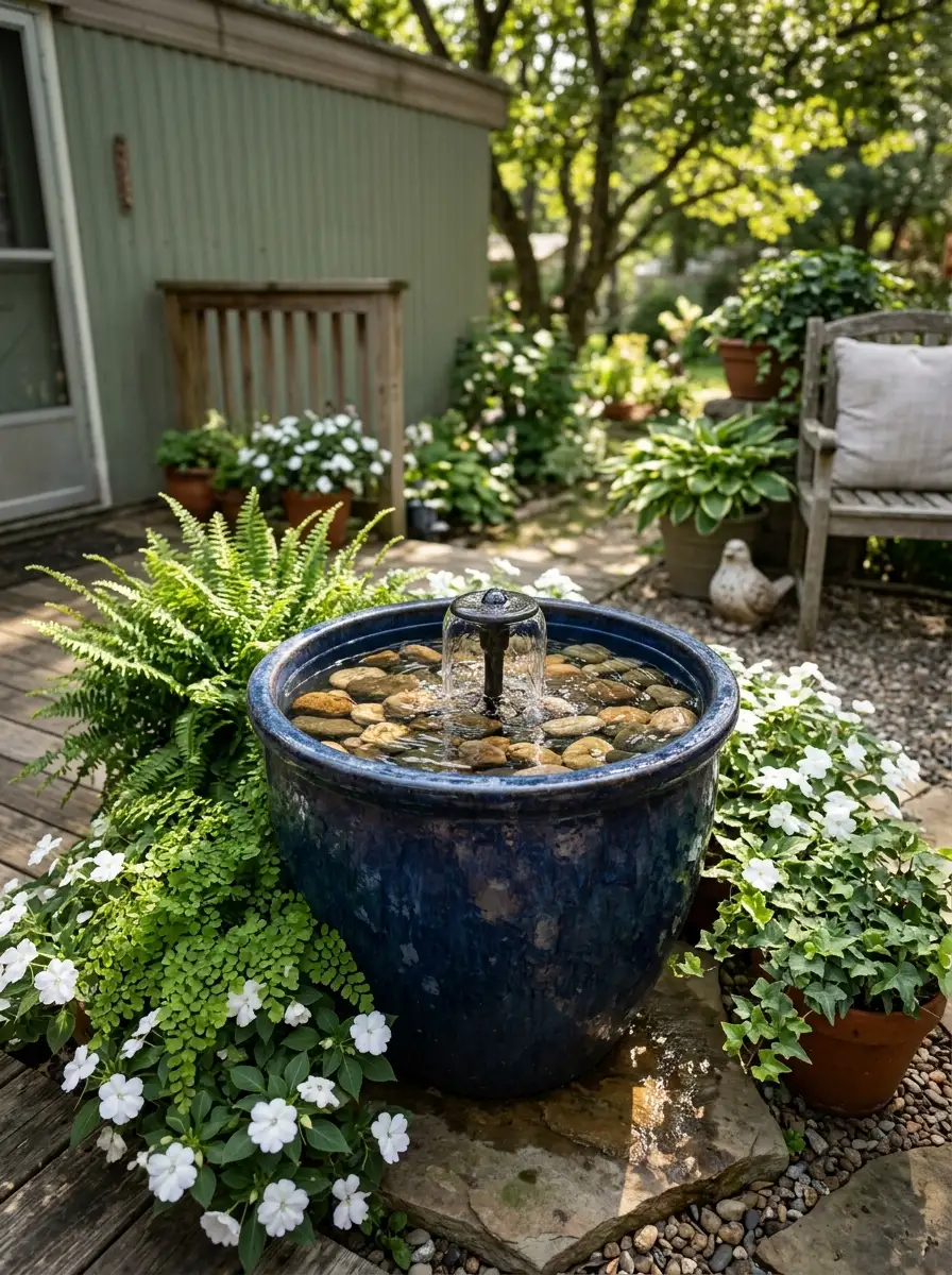 Navy glazed ceramic pot container water feature with river stones and surrounding ferns on a mobile home patio in dappled afternoon light