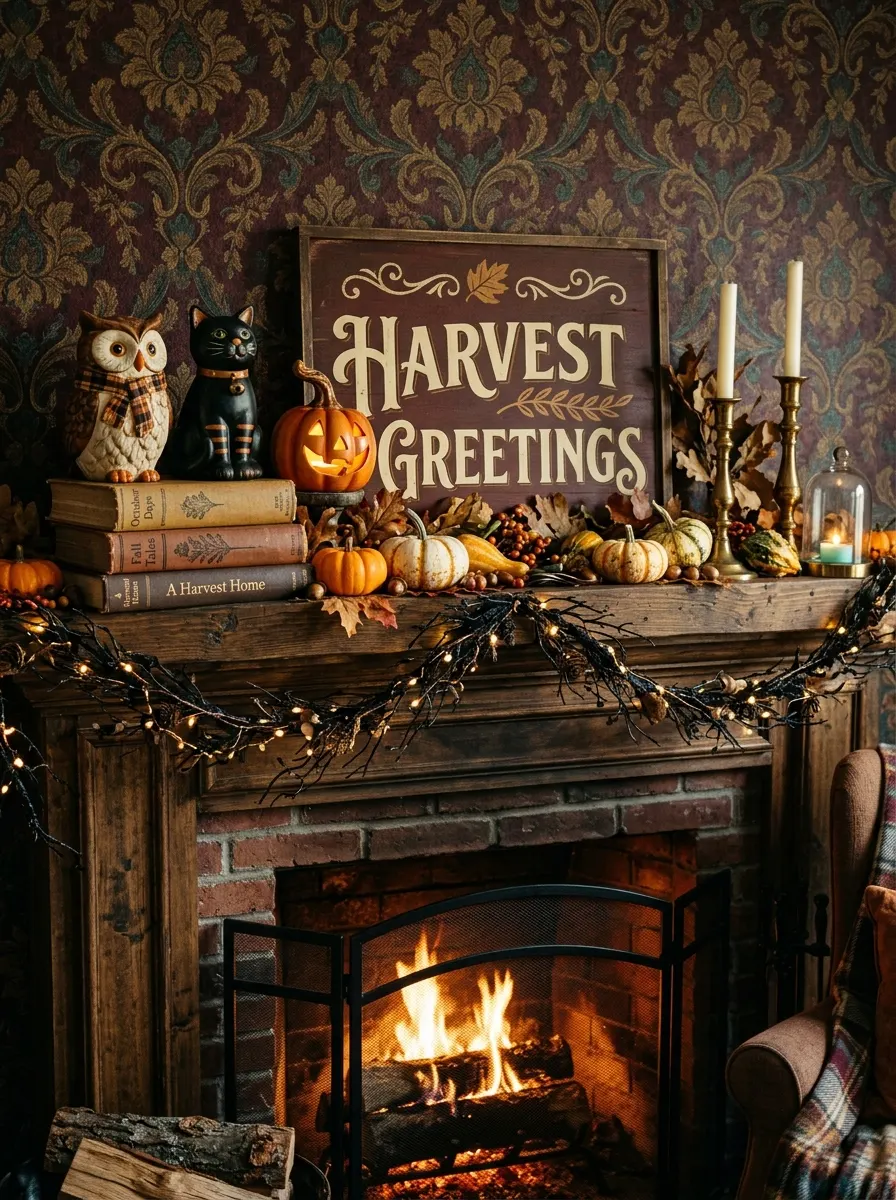 Why Fall Décor Hits Different: 17 Principles You Never Knew You Needed 14 Fall décor fireplace mantel with illustrated figurines, stacked books, brass candlesticks, and typography sign styled with controlled chaos principle