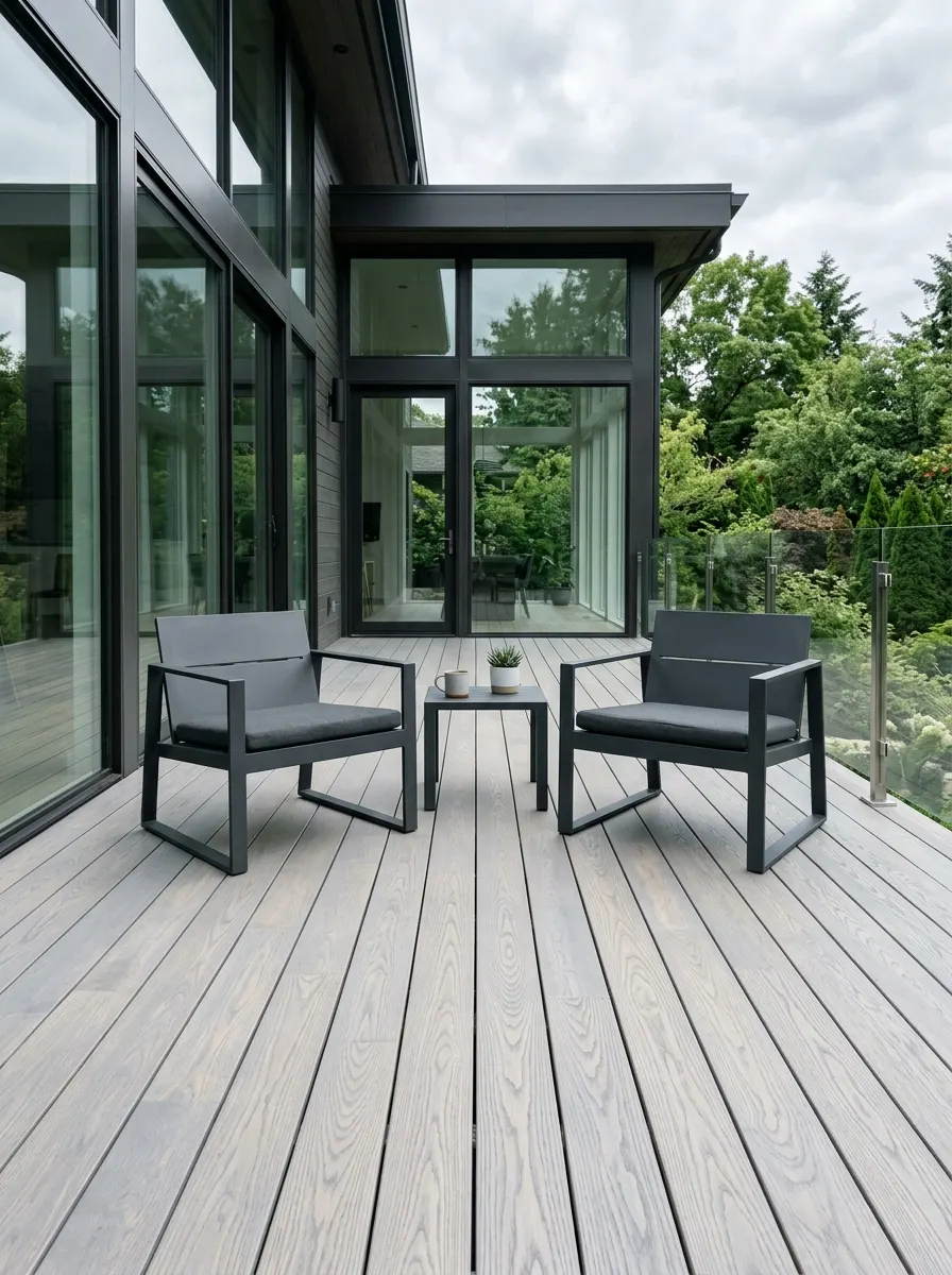 White oak deck with cool gray semi-transparent stain delivering sleek modern finish among top deck stain color ideas