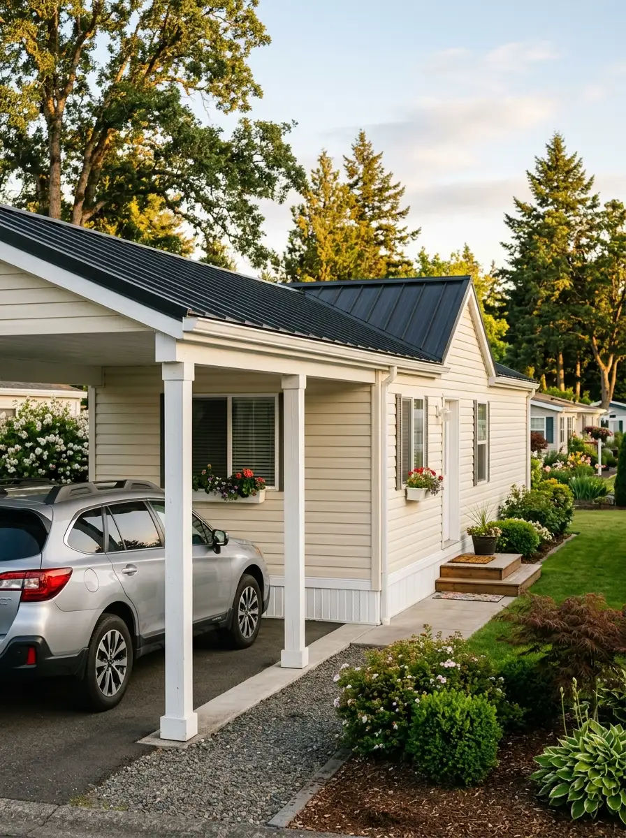 Mobile home exterior with attached carport featuring dark standing seam metal roof, white posts, and cream coordinated siding panels for a unified residential look