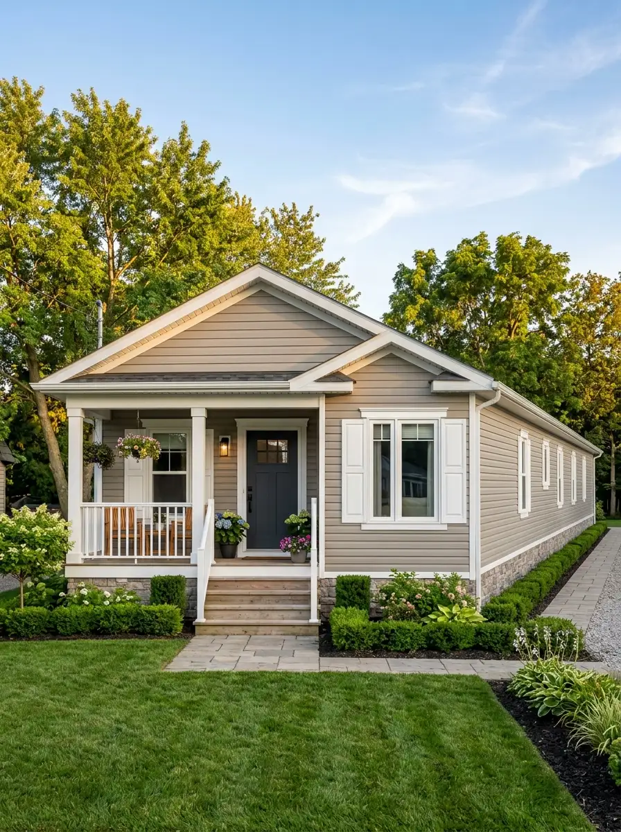 Mobile home exterior with cohesive three color palette of greige siding, white trim, and charcoal door and roof for a polished intentional residential transformation