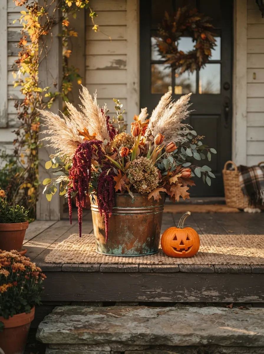 Weathered copper bucket with dried pampas and burgundy botanicals as an autumn porch styling focal piece