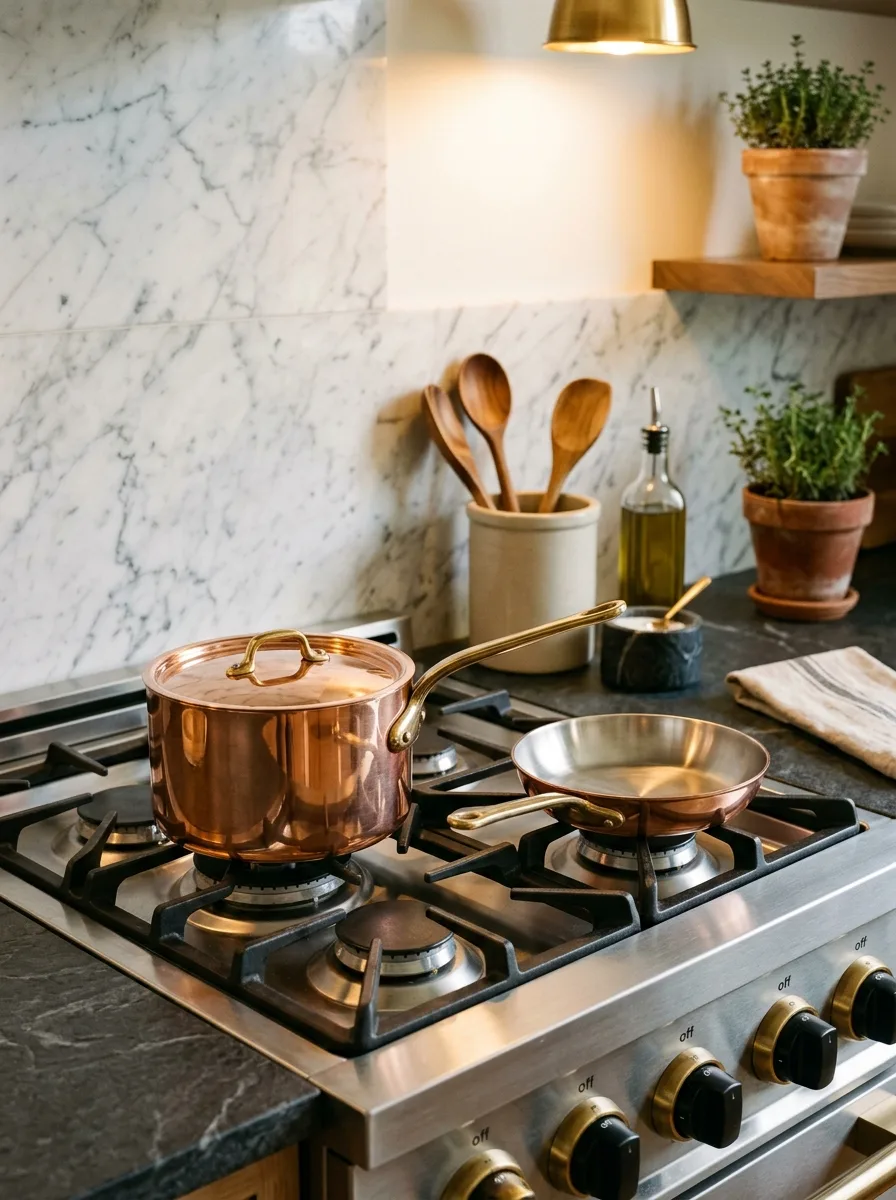 Gleaming copper saucepan and skillet placed on front burners of a dark kitchen stovetop for warm autumn kitchen decor styling