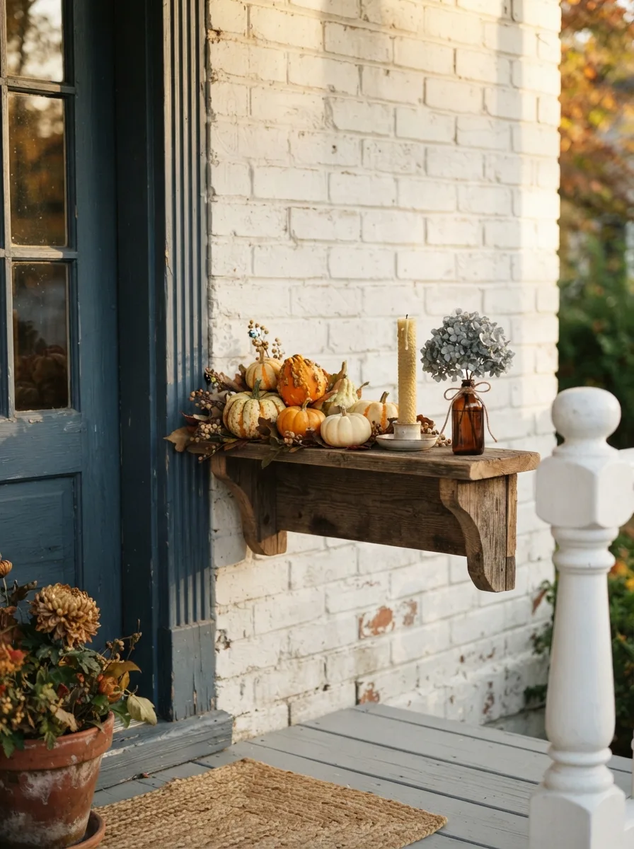 Narrow corbel shelf on white painted brick porch wall holding mini pumpkins and a candle as fall porch décor