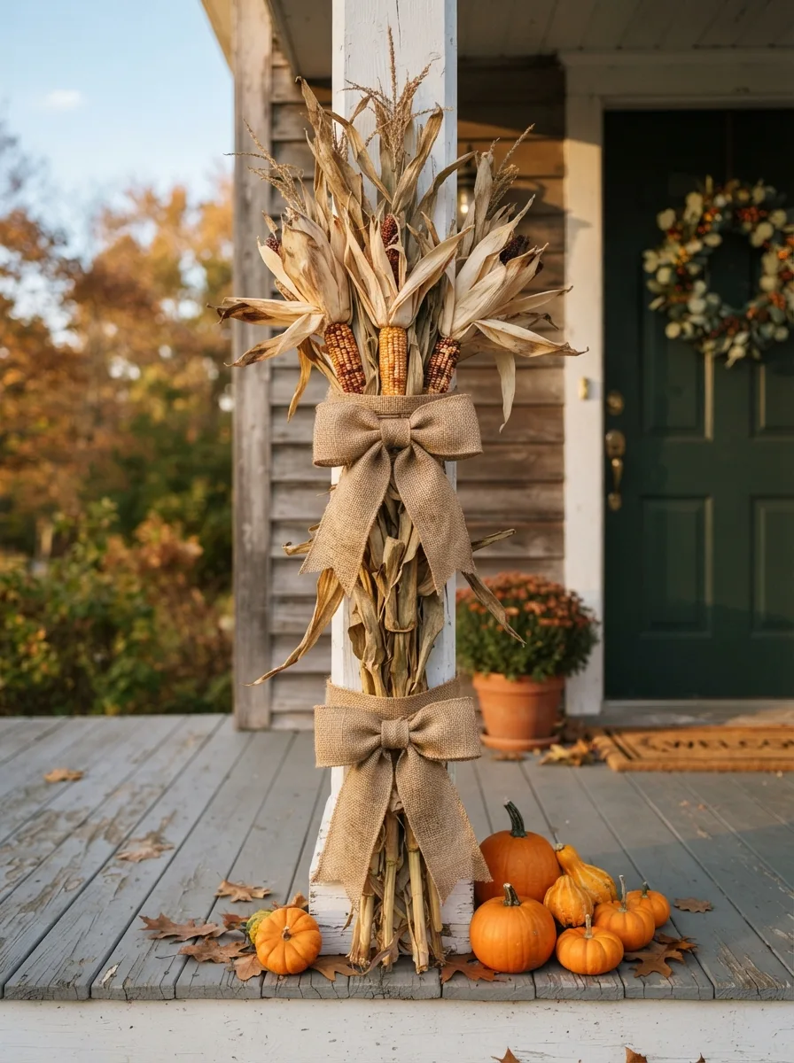 Dried corn stalks tied with burlap twine around a white porch column with orange pumpkins at the base as fall porch décor