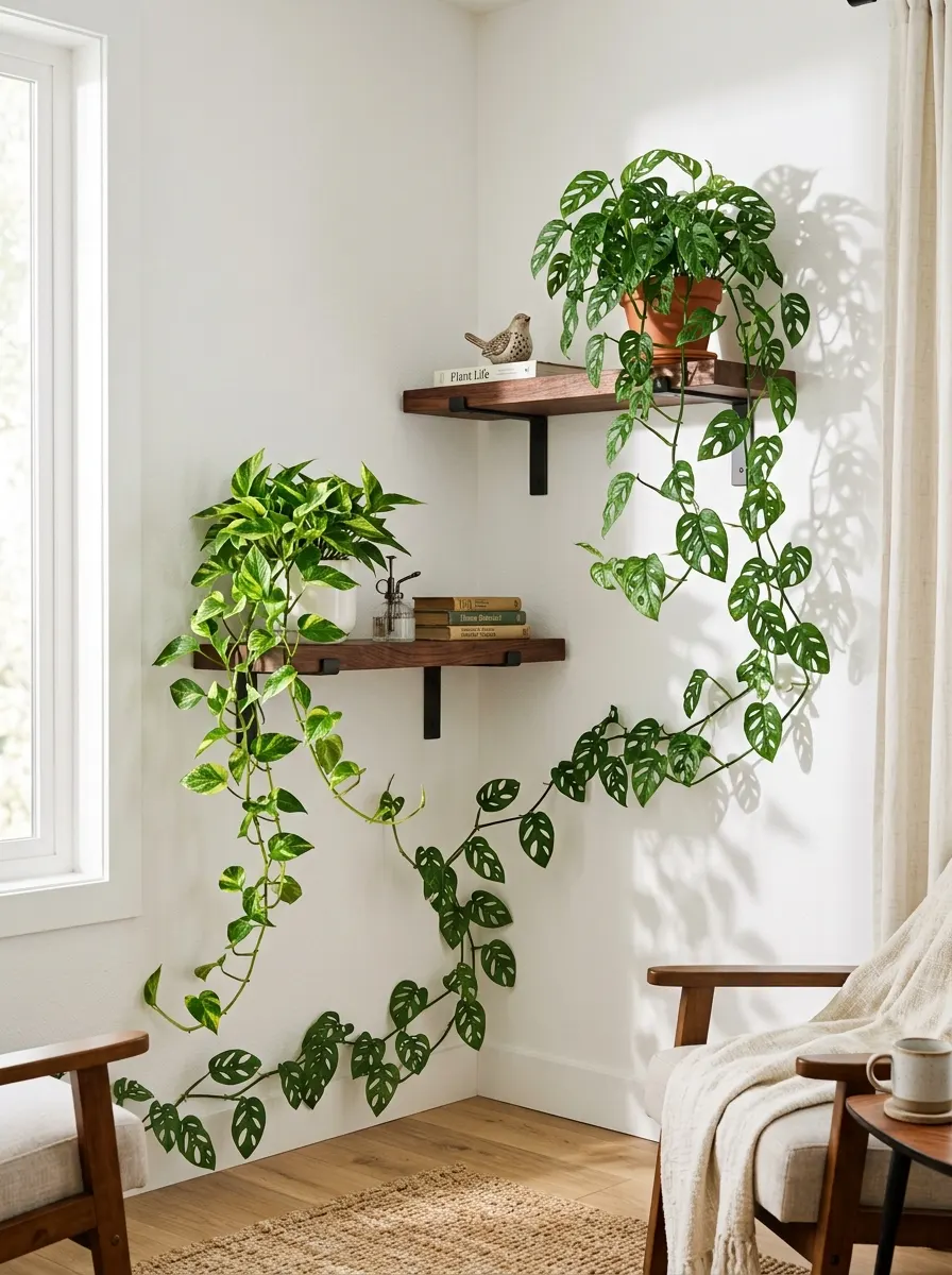 The 20 Houseplant Corners We Keep Coming Back to for Real Inspiration 9 Modern houseplant corner with staggered floating corner shelves, trailing monstera adansonii, and variegated pothos on white walls