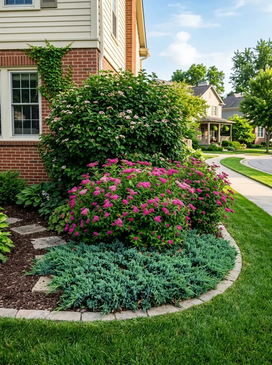 Front yard corner planting mass with tall viburnum mid spirea and low juniper in golden ratio height layering proportions