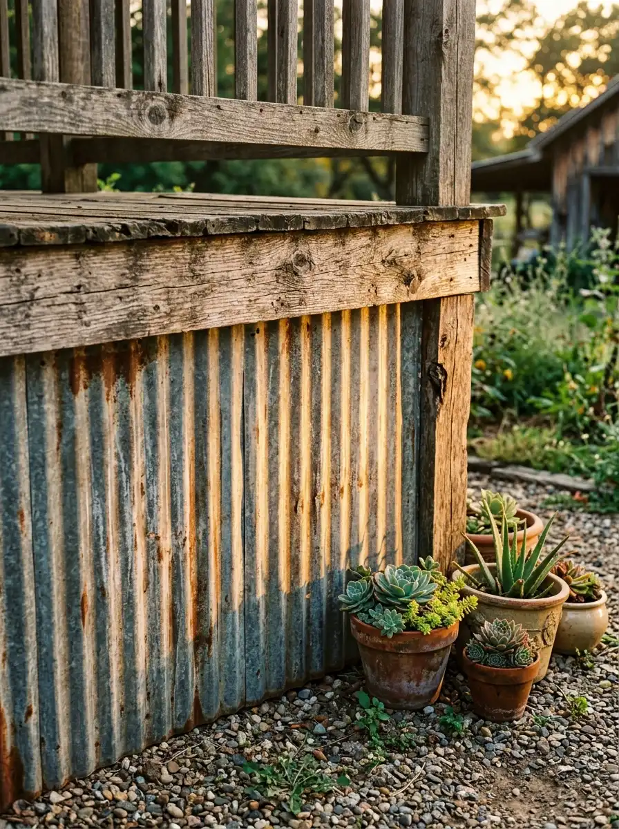 Corrugated galvanized metal sheet used as farmhouse-style under deck skirting with rustic wood deck and potted succulents
