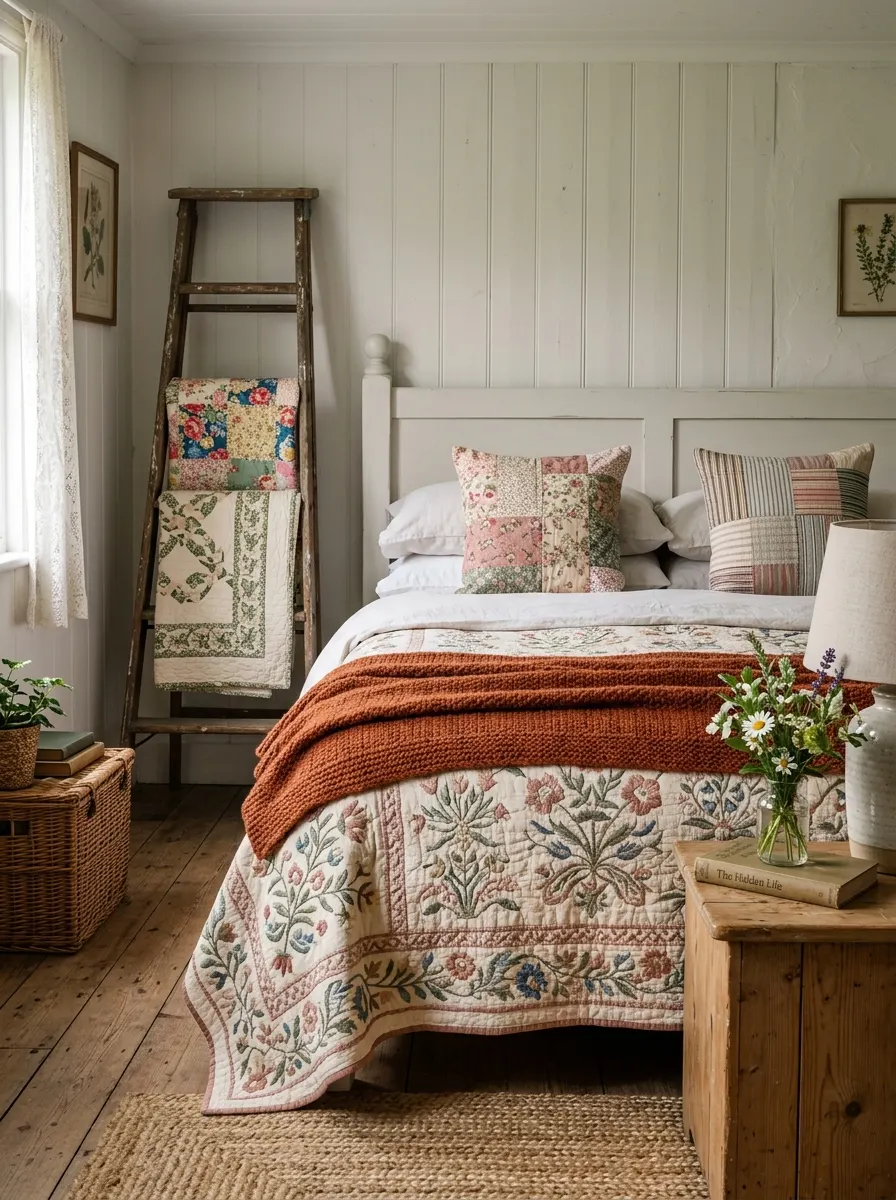 Cottage fall bedroom look with vintage embroidered quilt in cream and sage, rust knit throw, patchwork pillows, and wooden ladder holding extra quilts