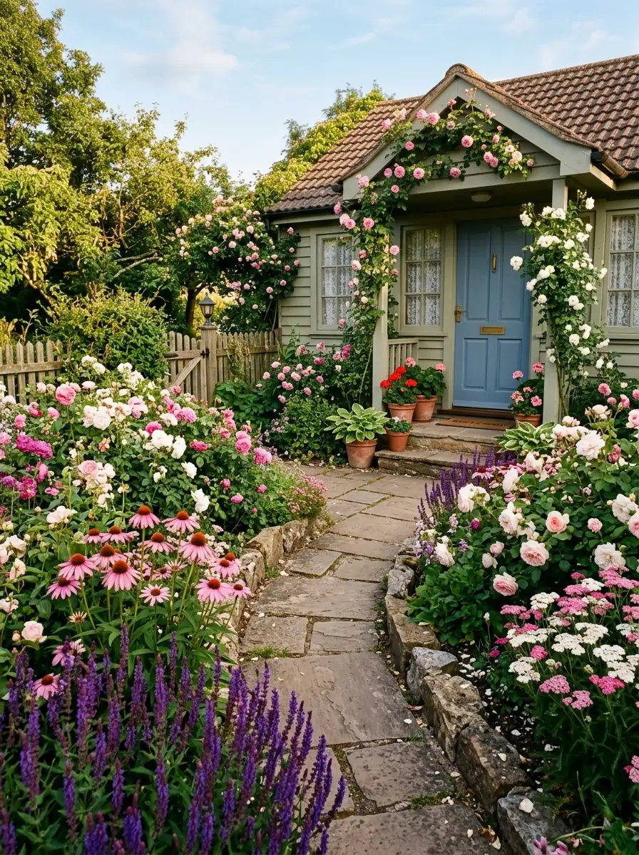 Abundant cottage-style flowering beds with roses, echinacea, and salvia creating a lush no grass front yard