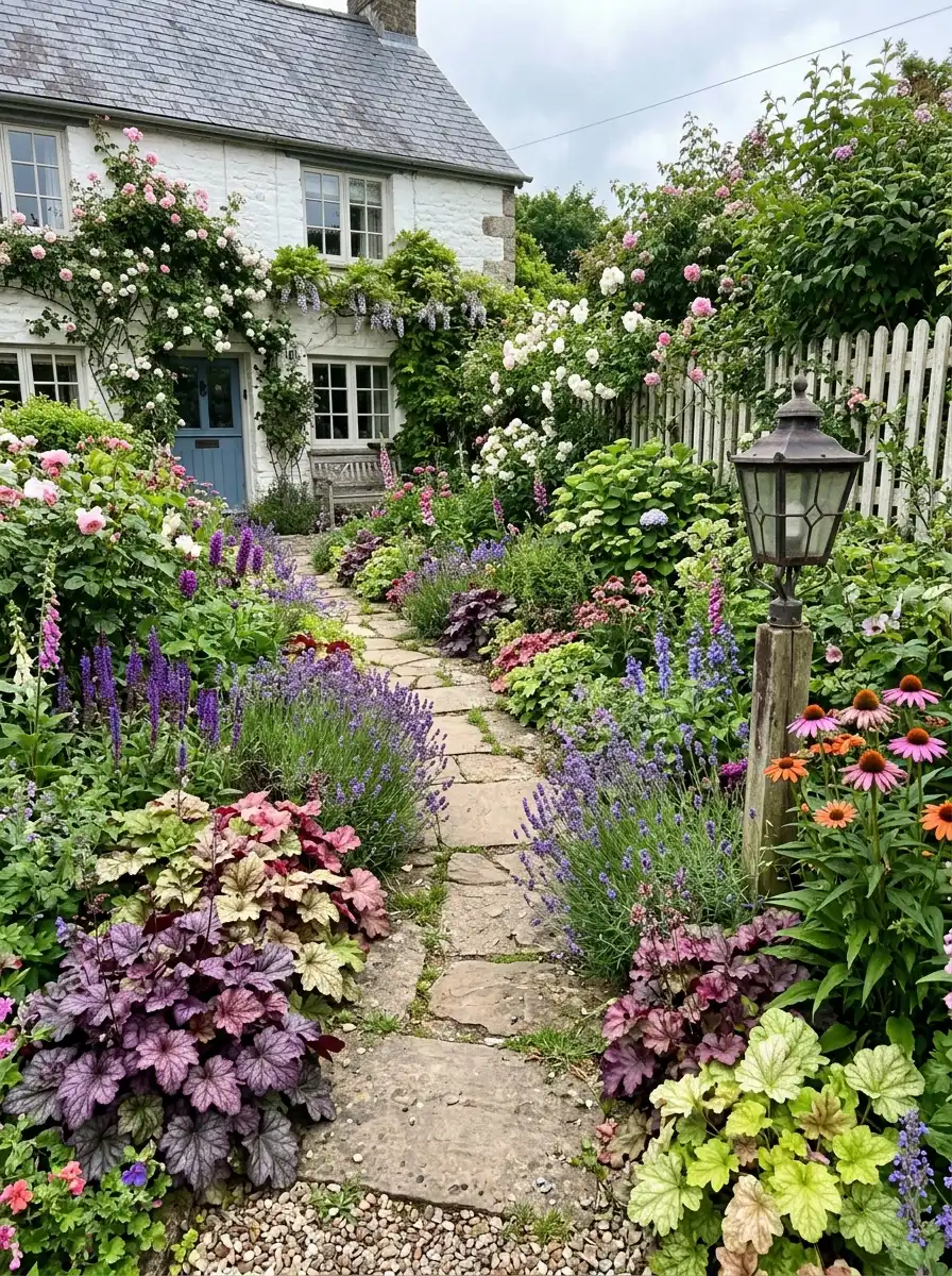 Cottage garden heuchera front yard with pink purple and cream coral bells mixed with lavender salvia and echinacea behind a white picket fence