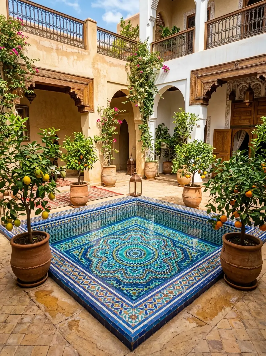 19 Brilliant Small Pool Design Ideas That Make Compact Backyards Feel Like a Private Luxury Resort 7 Small courtyard pool design with vivid Moroccan mosaic tiles, cobalt blue and terracotta pattern, citrus trees, and warm stone paving
