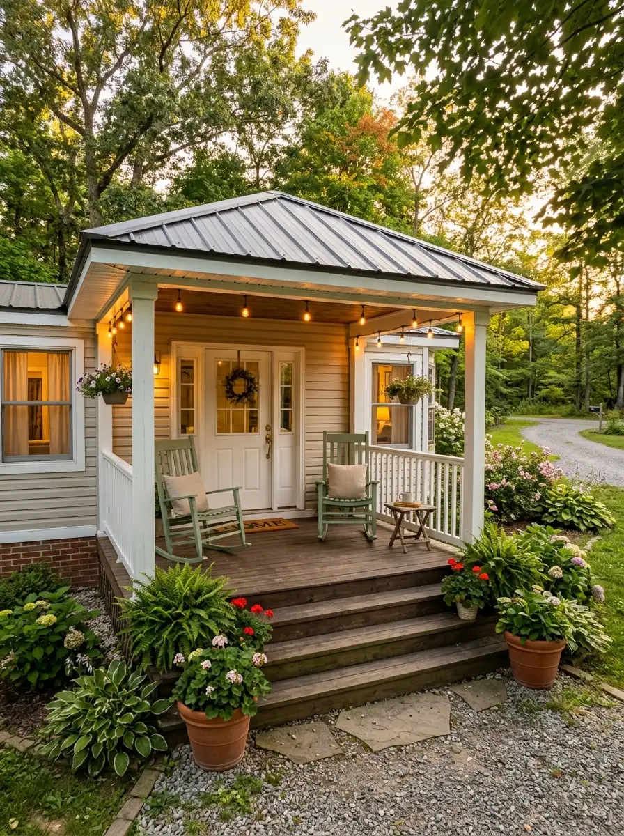 Mobile home exterior with white column covered porch, metal roof, rocking chairs, and string lights for a welcoming residential curb appeal look