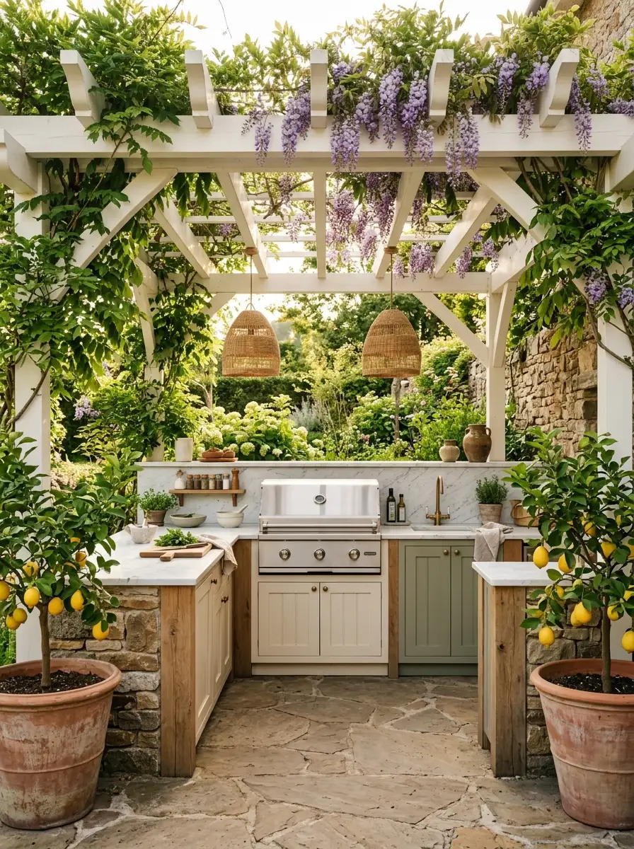 Outdoor kitchen under white wood pergola with climbing wisteria, marble countertop, rattan pendants, cream and sage tones, potted lemon trees