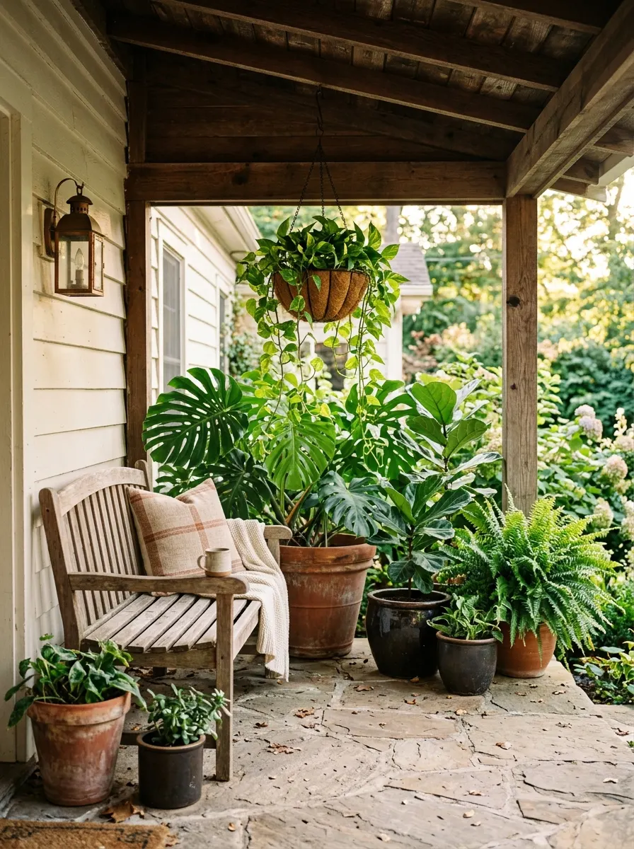 The 20 Houseplant Corners We Keep Coming Back to for Real Inspiration 18 Welcoming outdoor porch houseplant corner with wooden bench, large leafy plants in terracotta planters, trailing pothos hanging basket, golden hour light