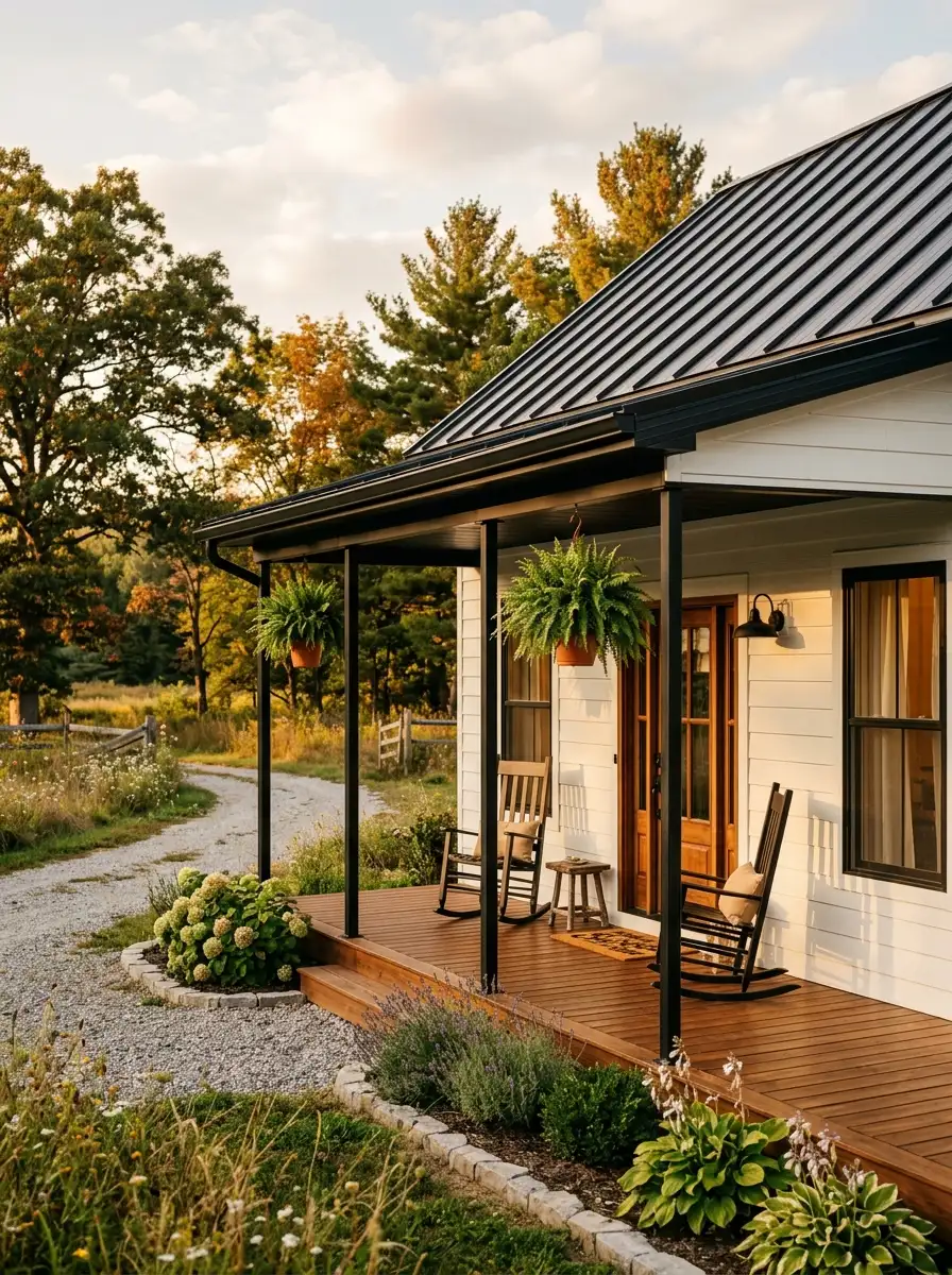19 Stunning Small Barndominium Exterior Ideas That Prove Simple Barn House Designs Can Make a Big Impact 8 Small barndo exterior with full-width covered porch, slim black steel columns, stained wood floor, rocking chairs, and potted ferns in afternoon light