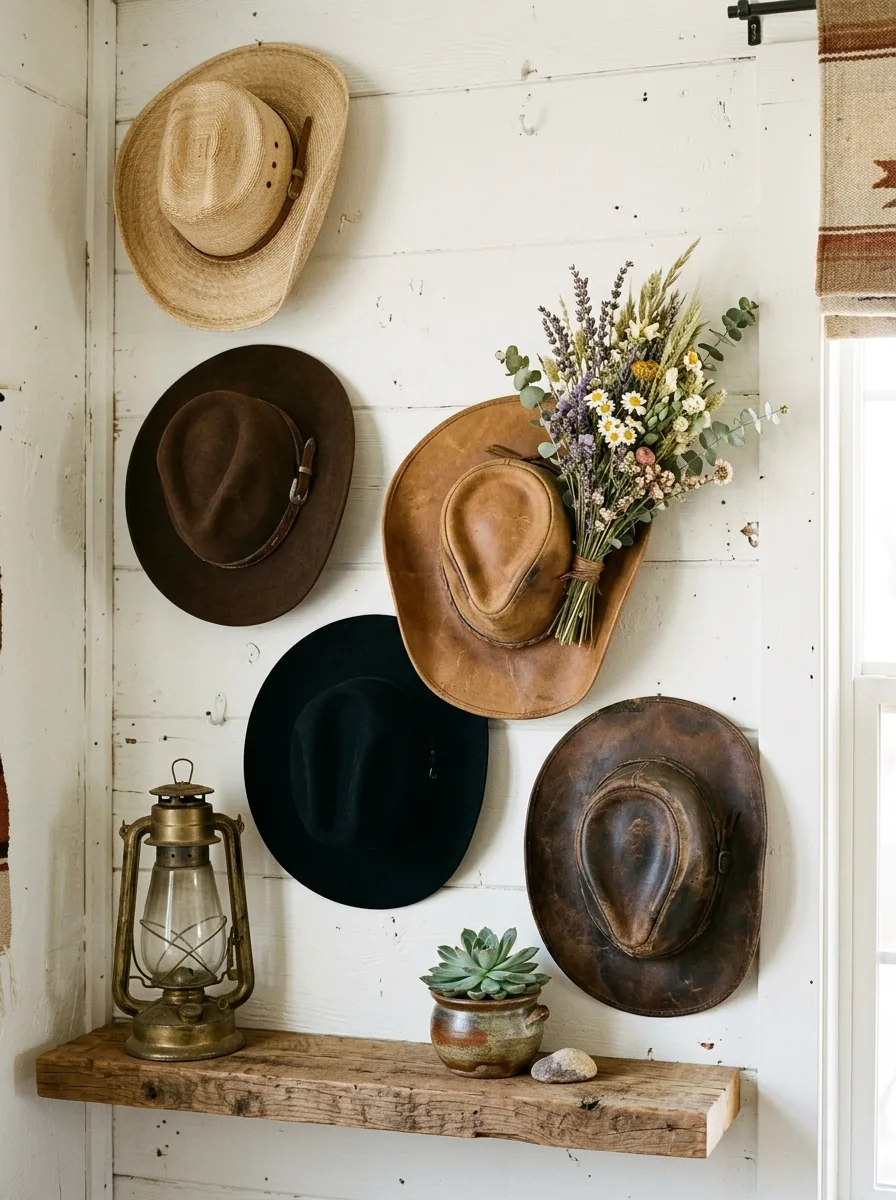 Western living room décor gallery wall with straw, felt, and leather cowboy hats hung at staggered heights above reclaimed wood shelf with lantern