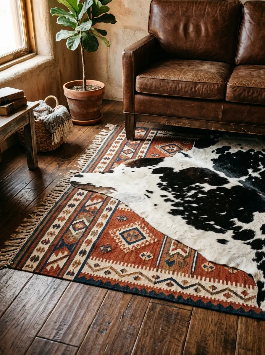 Southwestern living room style with cowhide rug layered over rust and cream kilim, leather sofa, warm natural light and textured floor