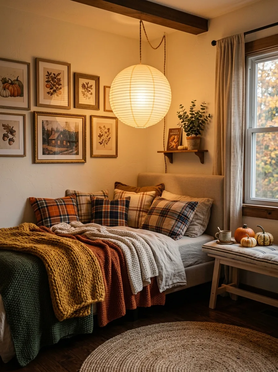 Cozy fall bedroom decor nook with amber paper lantern pendant, chunky knit throws, plaid pillows, and round woven rug