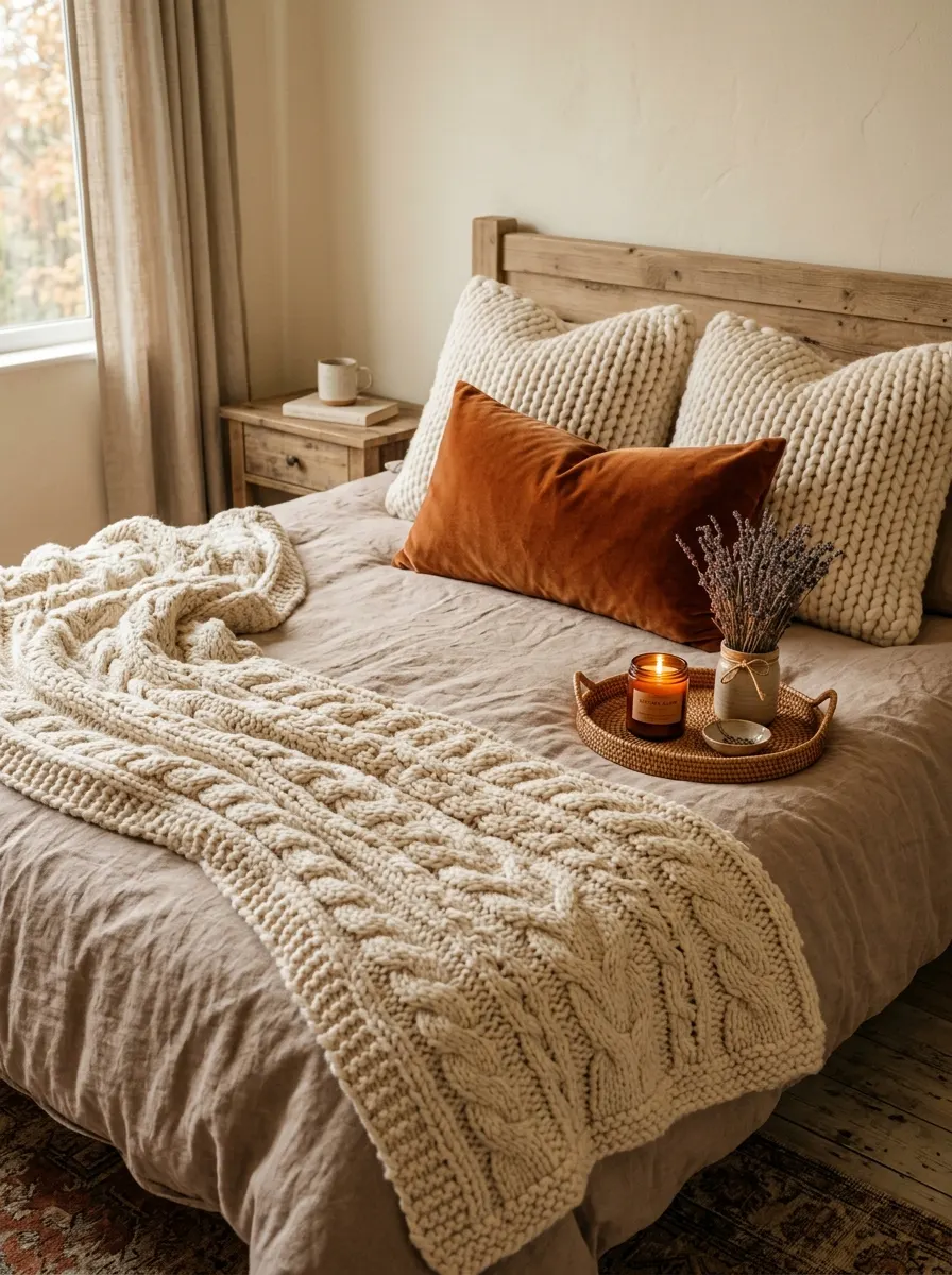 Cozy fall bedroom look with chunky cream cable-knit throw, ivory knit pillows, rust velvet lumbar pillow, and wicker tray with candle
