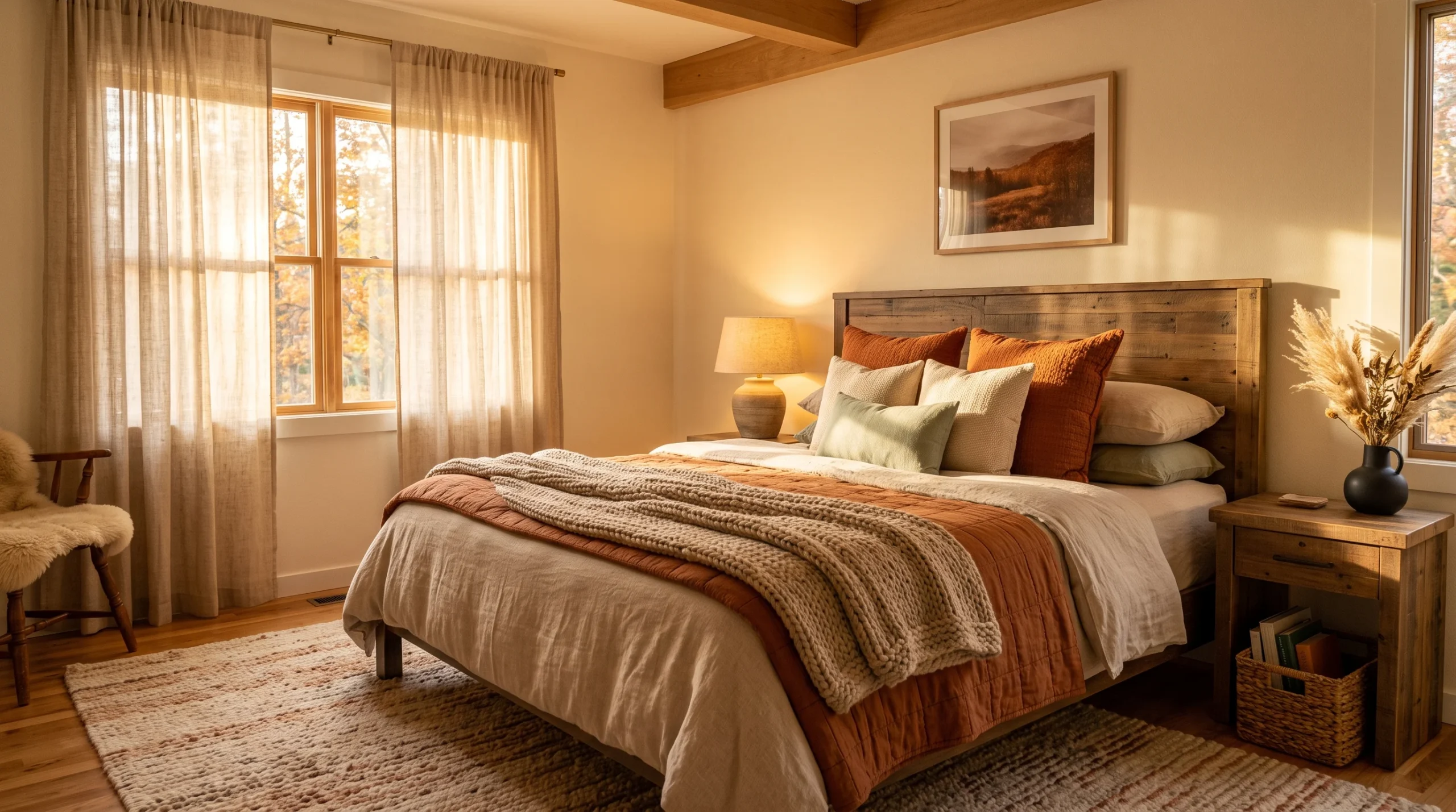 Warm layered fall bedroom looks featuring rust bedding, chunky knit throw, and dried pampas grass on wood nightstand