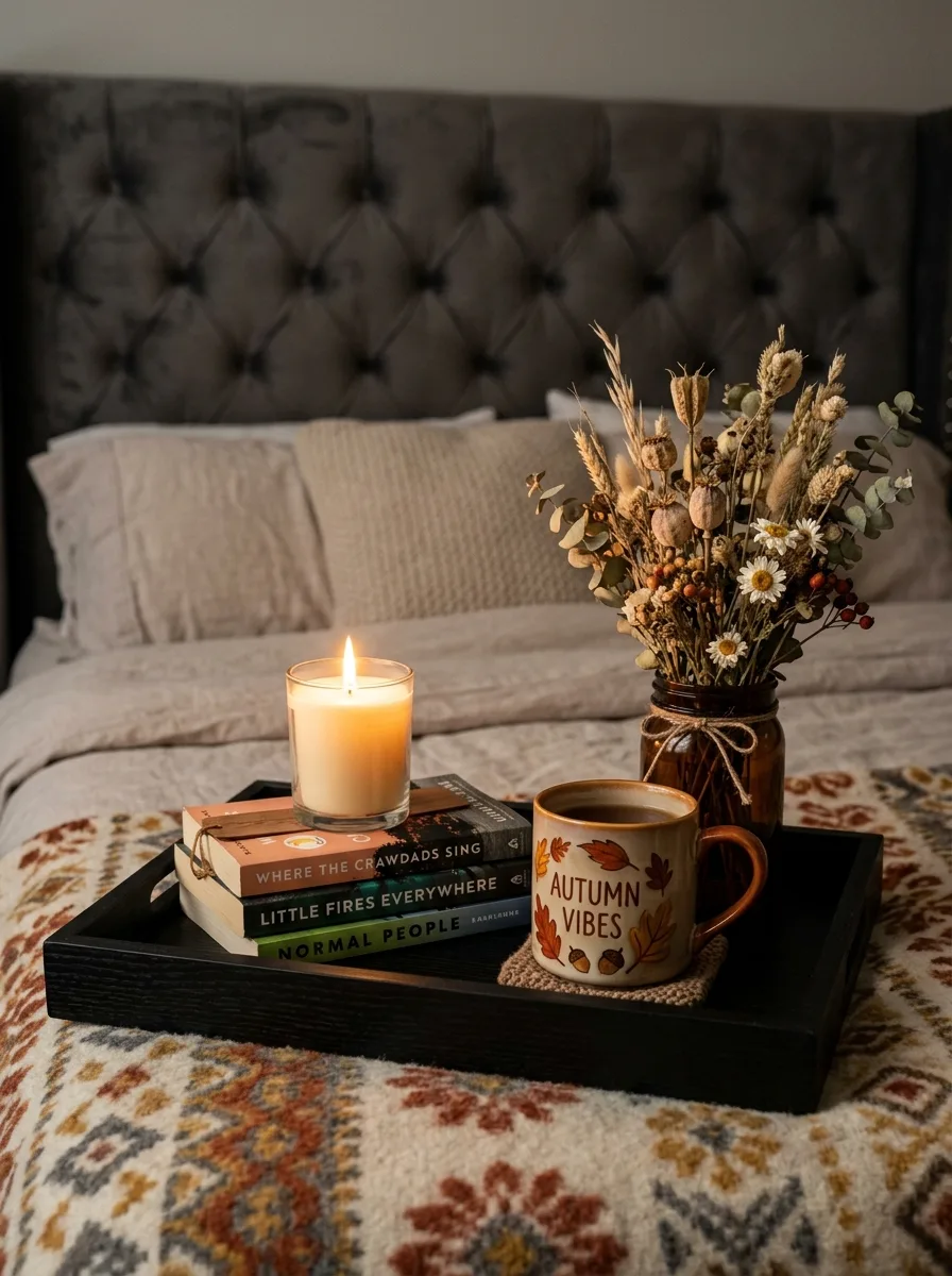 Cozy fall bedroom styling idea with black tray holding lit candle, stacked books, ceramic mug, and dried wildflowers in glass jar