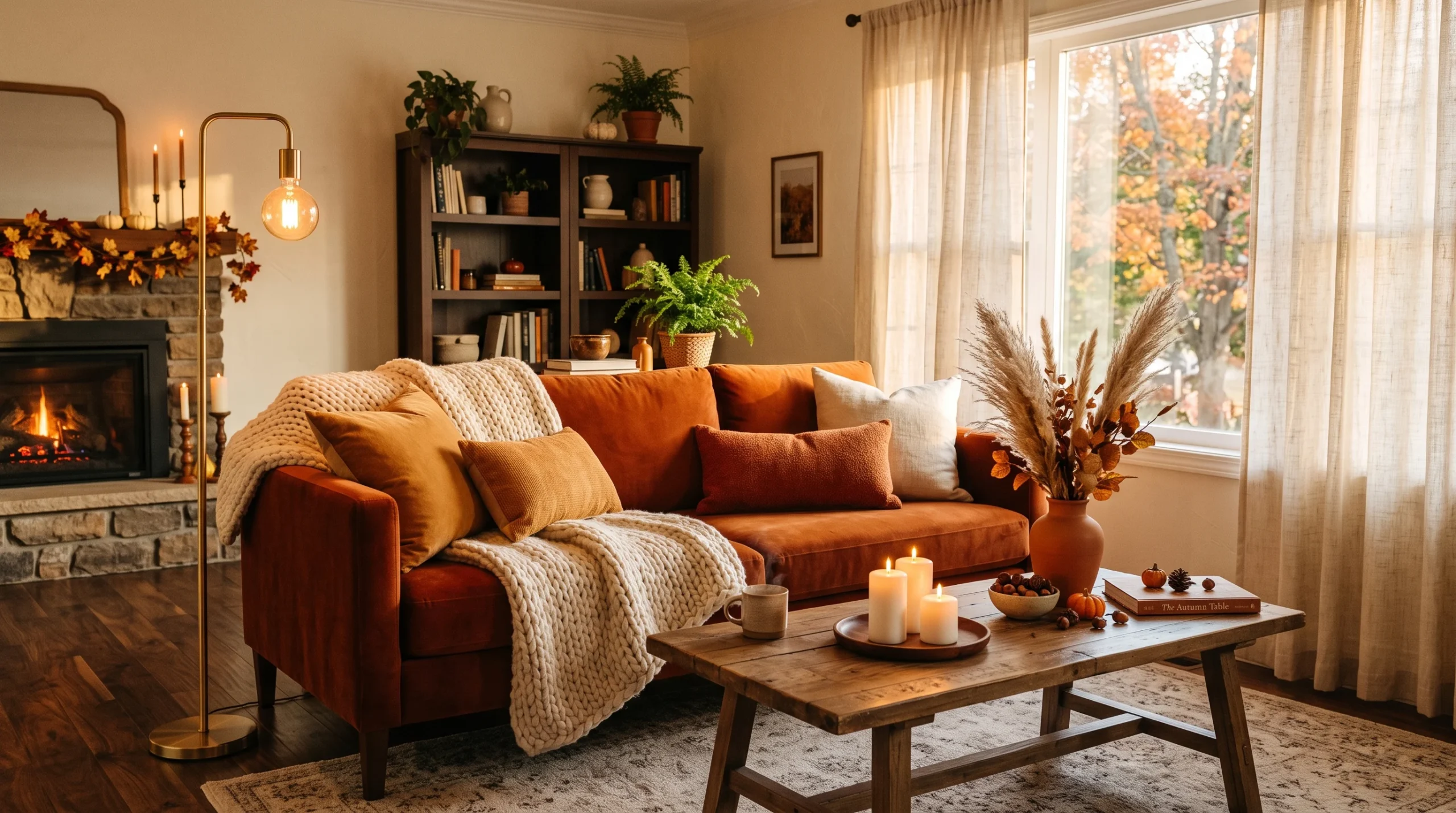 Cozy fall living room décor with rust velvet sofa, amber pillows, candles, and pampas grass in warm golden light