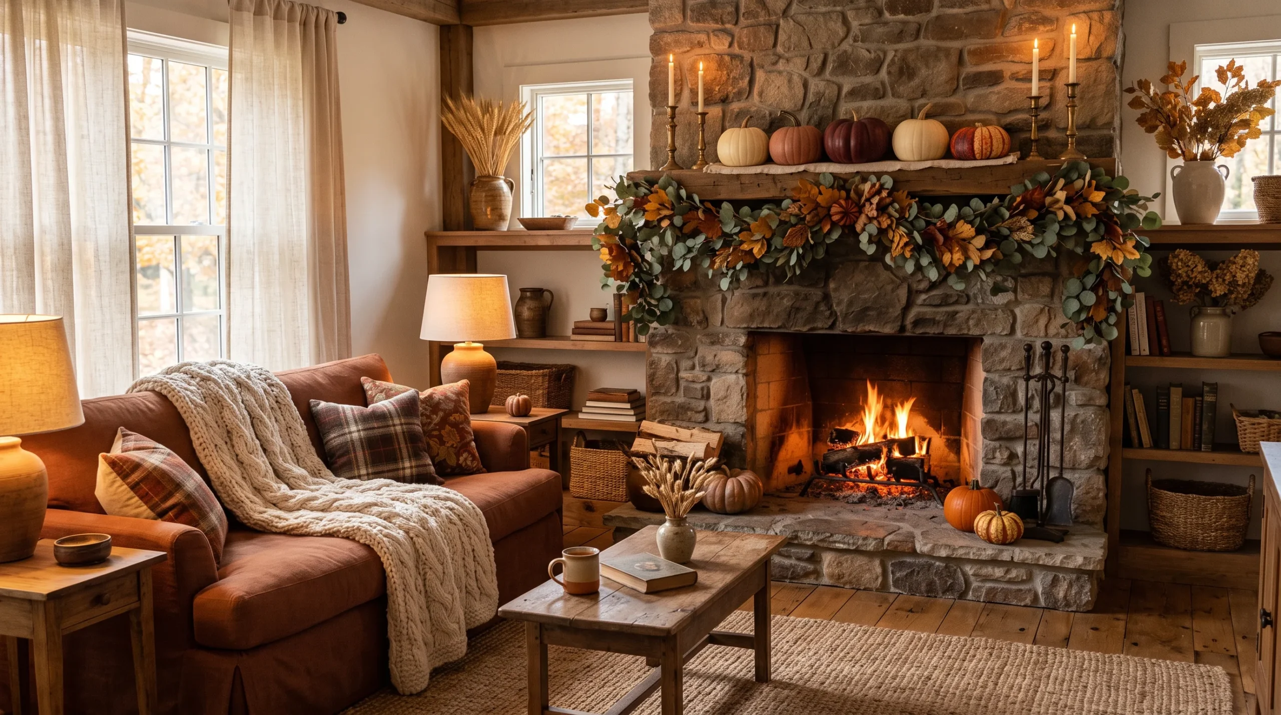 Why Fall Décor Hits Different: 17 Principles You Never Knew You Needed 8 Warm living room with fireplace styled in fall décor featuring cream pumpkins, eucalyptus garland, and rust linen sofa