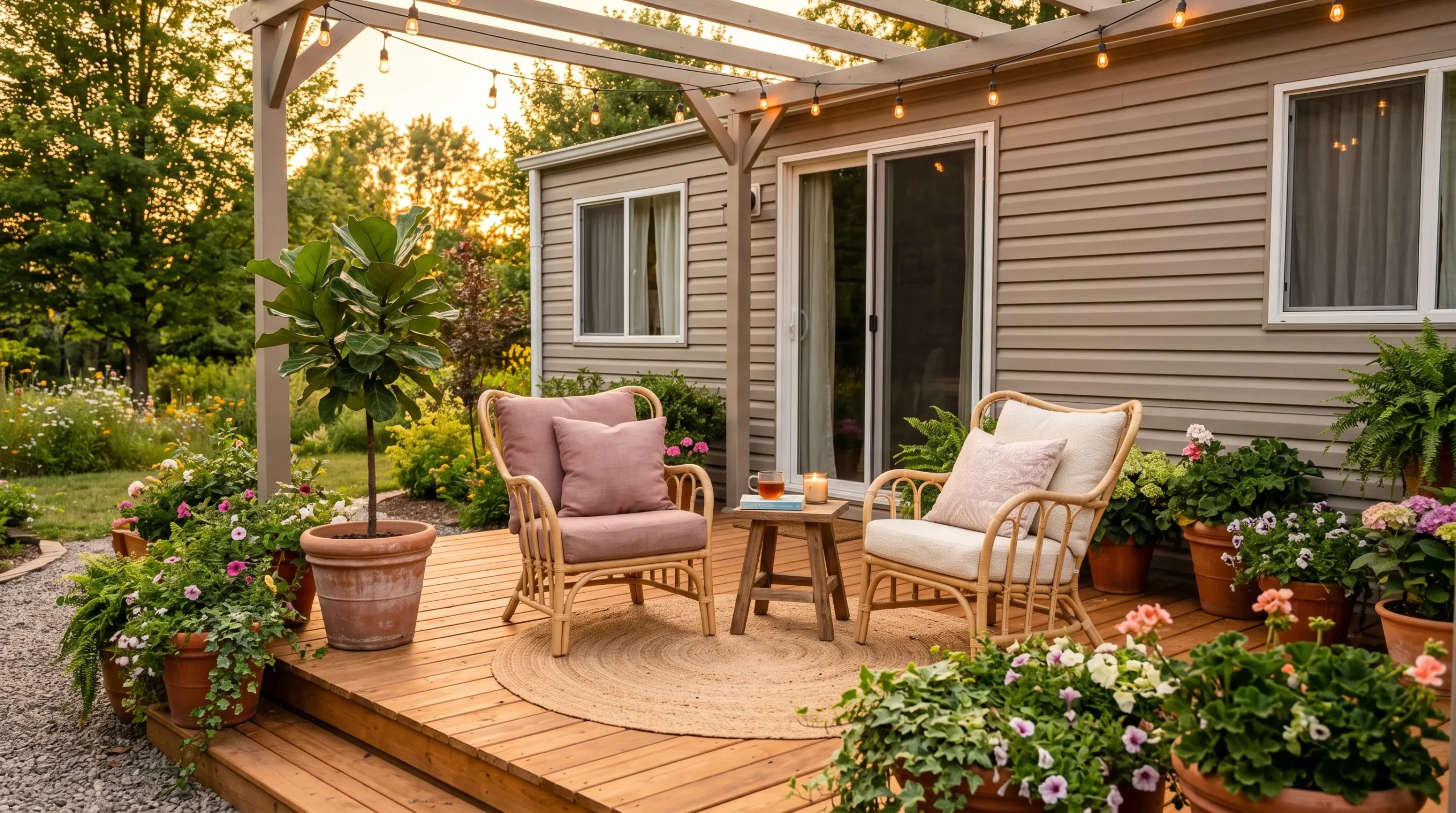 Cozy mobile home outdoor space with rattan chairs, string lights, jute rug, and potted greenery on a wooden deck