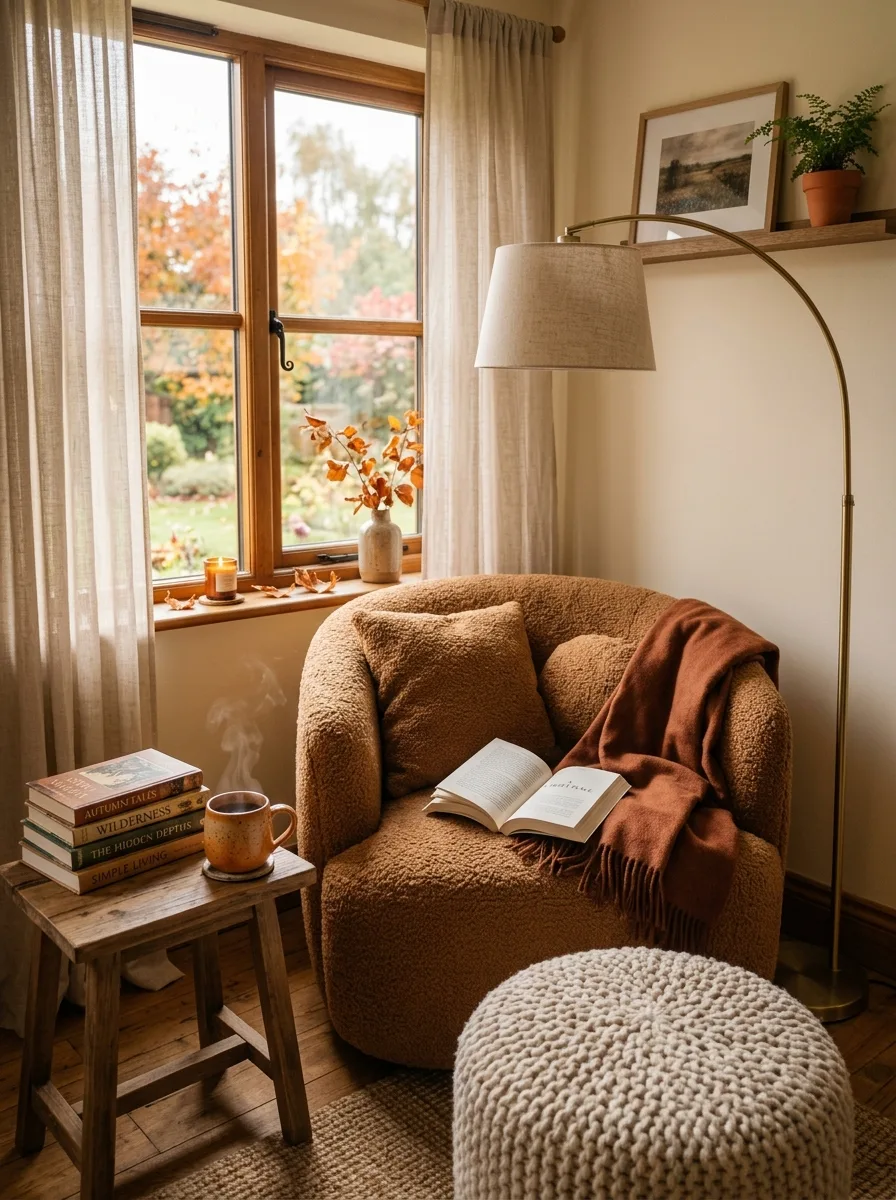 Caramel boucle armchair with chunky footstool and brass lamp styled as a cozy fall reading nook in a living room