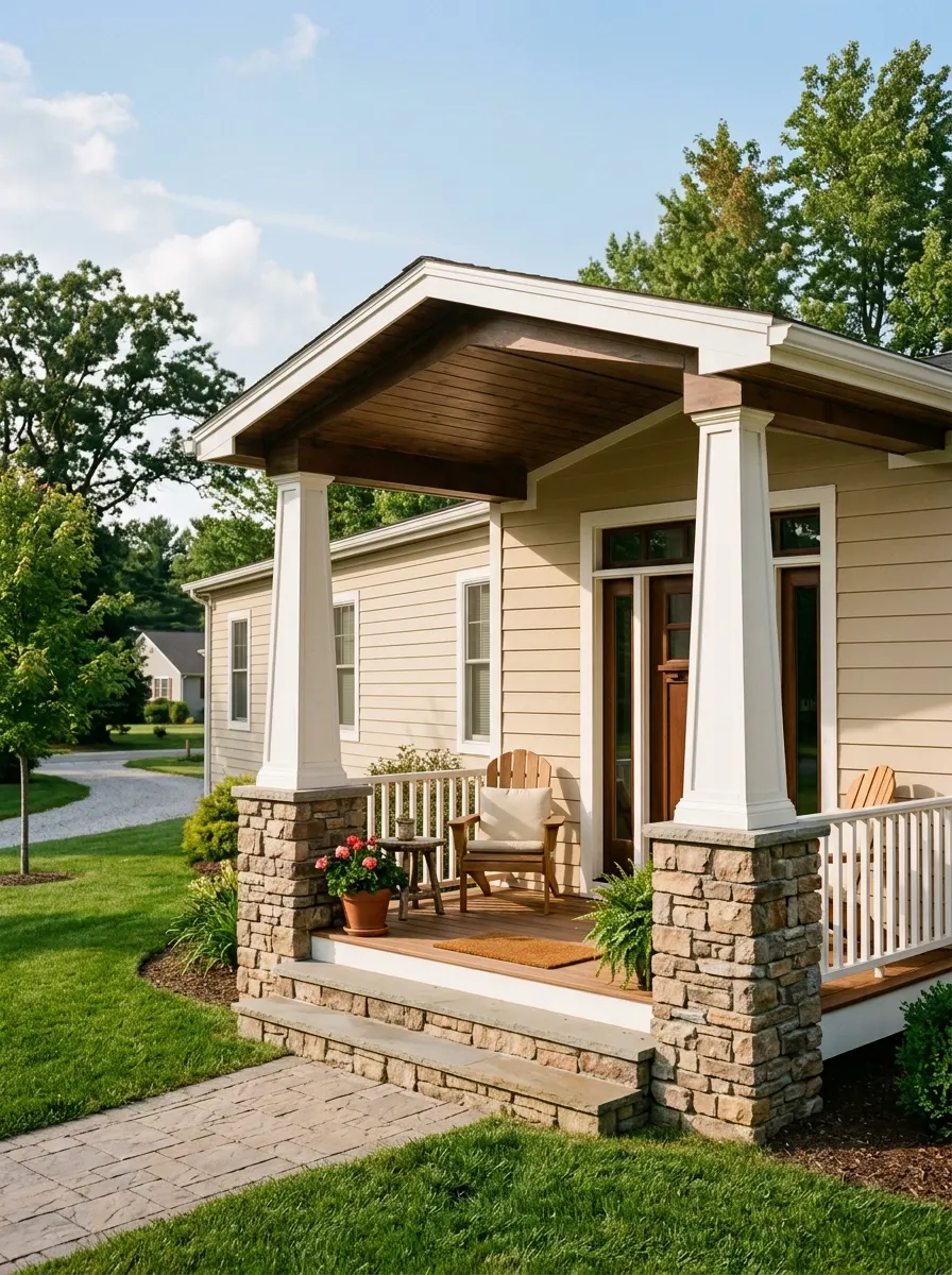 Mobile home exterior porch with tapered craftsman white columns, stacked stone bases, and dark wood porch ceiling for a timeless residential architectural look