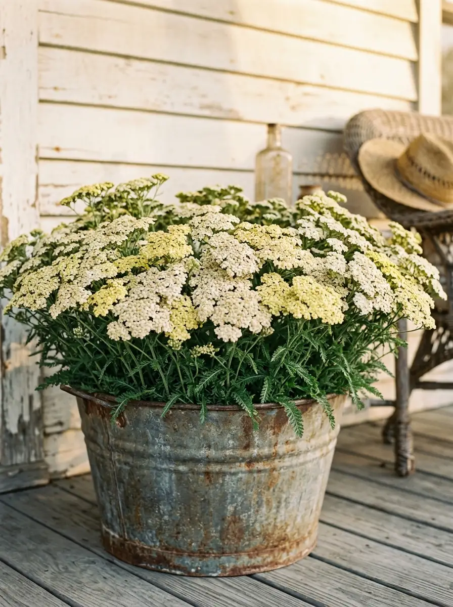 17 Full Sun Perennials for Low-Maintenance Container Gardens That Thrive With Minimal Care 16 Flat-topped cream and pale yellow achillea yarrow blooms filling a wide weathered zinc container on a sunny rustic farmhouse porch