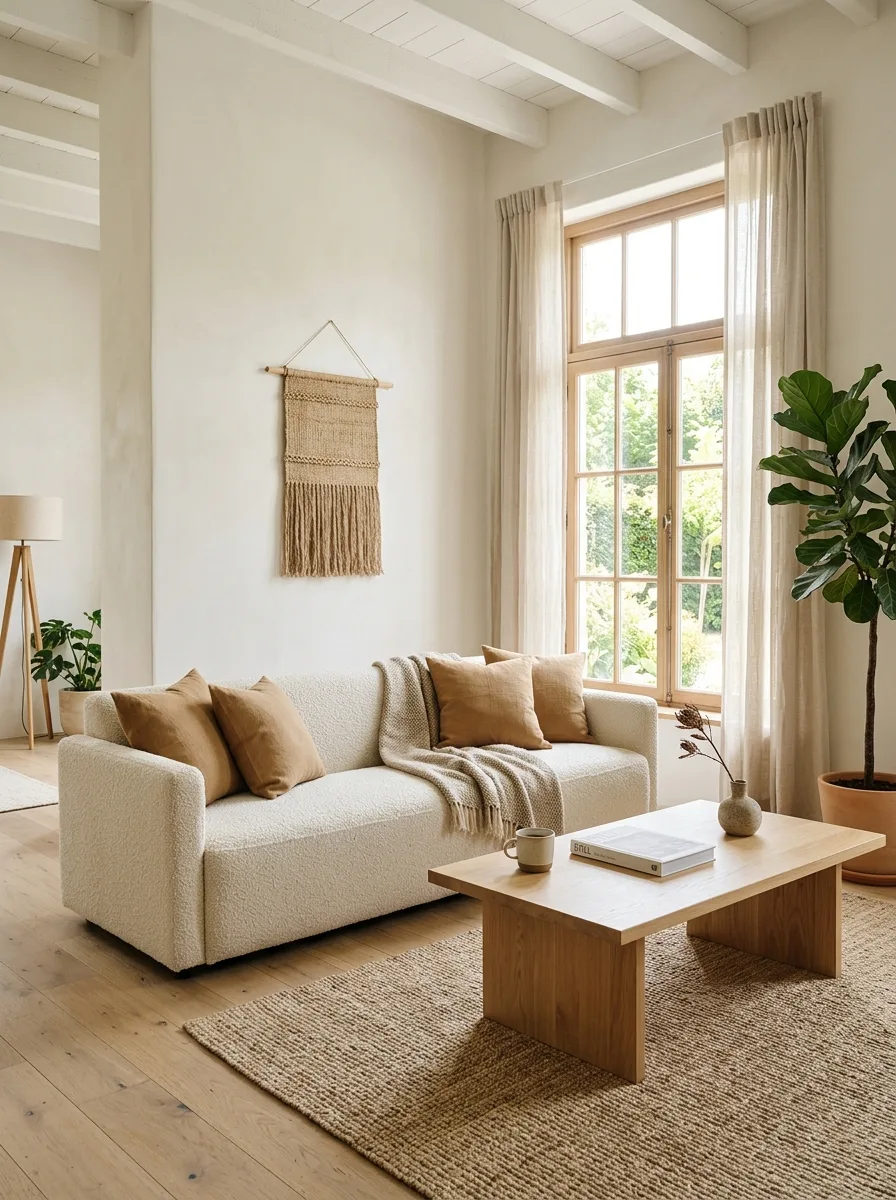 Cream boucle sofa by a sunny window showing living room color psychology through airy minimalist styling and warm textures